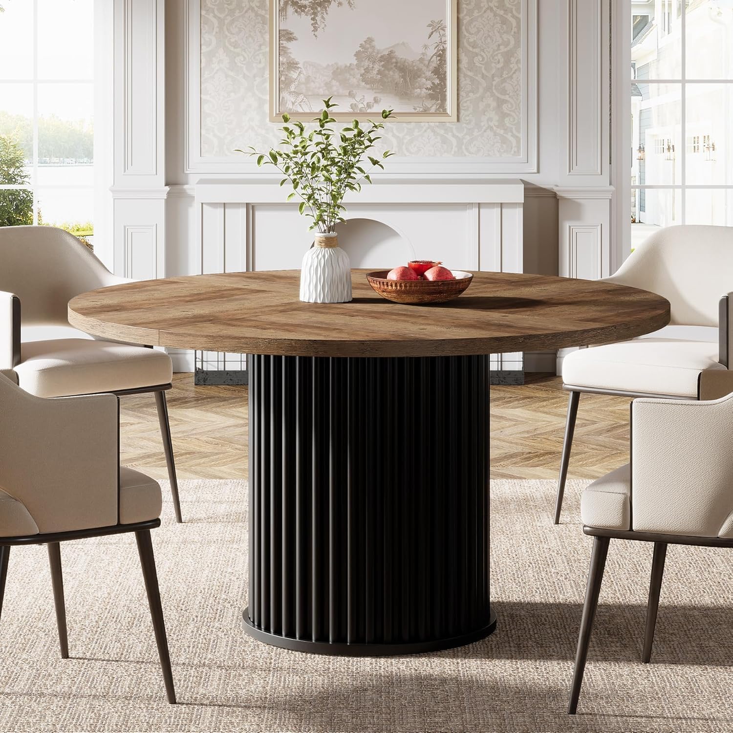 120 cm Zwarte Ronde Eettafel voor 4-6 Personen, Moderne Keukentafel met Metalen Basis