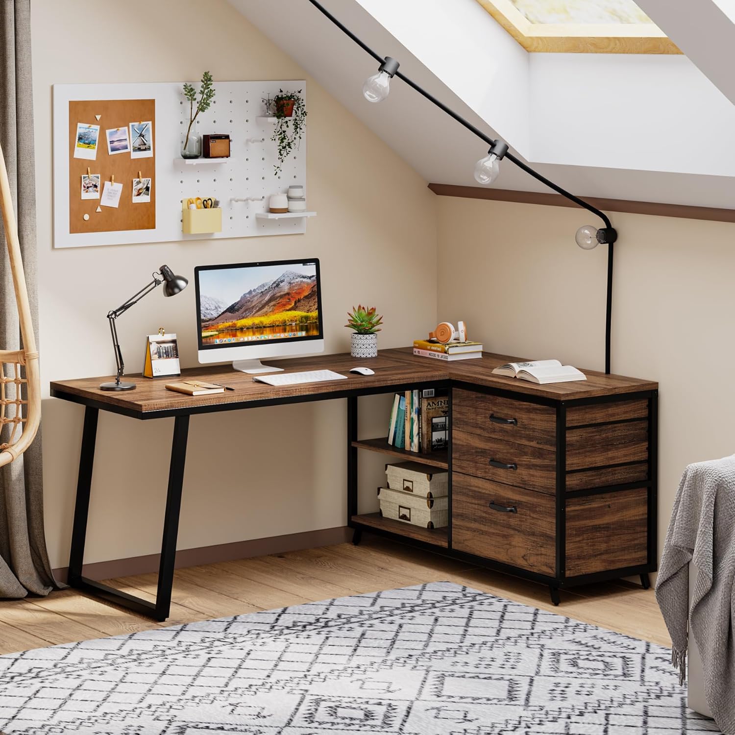 L-Vormig Computerbureau 133cm met 3 Laden, Industrieel Ontwerp voor Kantoor en Studie