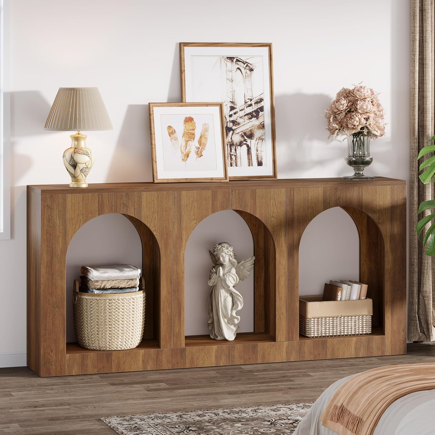 160 cm Console Tafel, Houten Tafel met 3 Boogvormige Planken