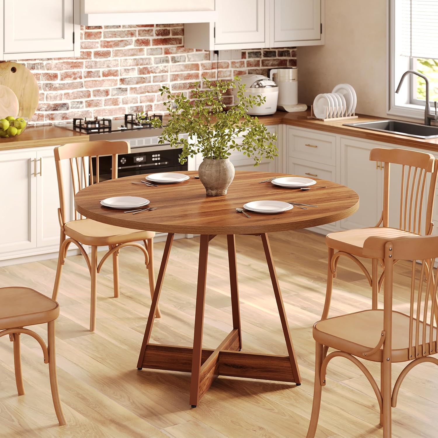 100 cm Ronde Eettafel voor 2-4 Personen, Landelijke Keukentafel met Pedestal