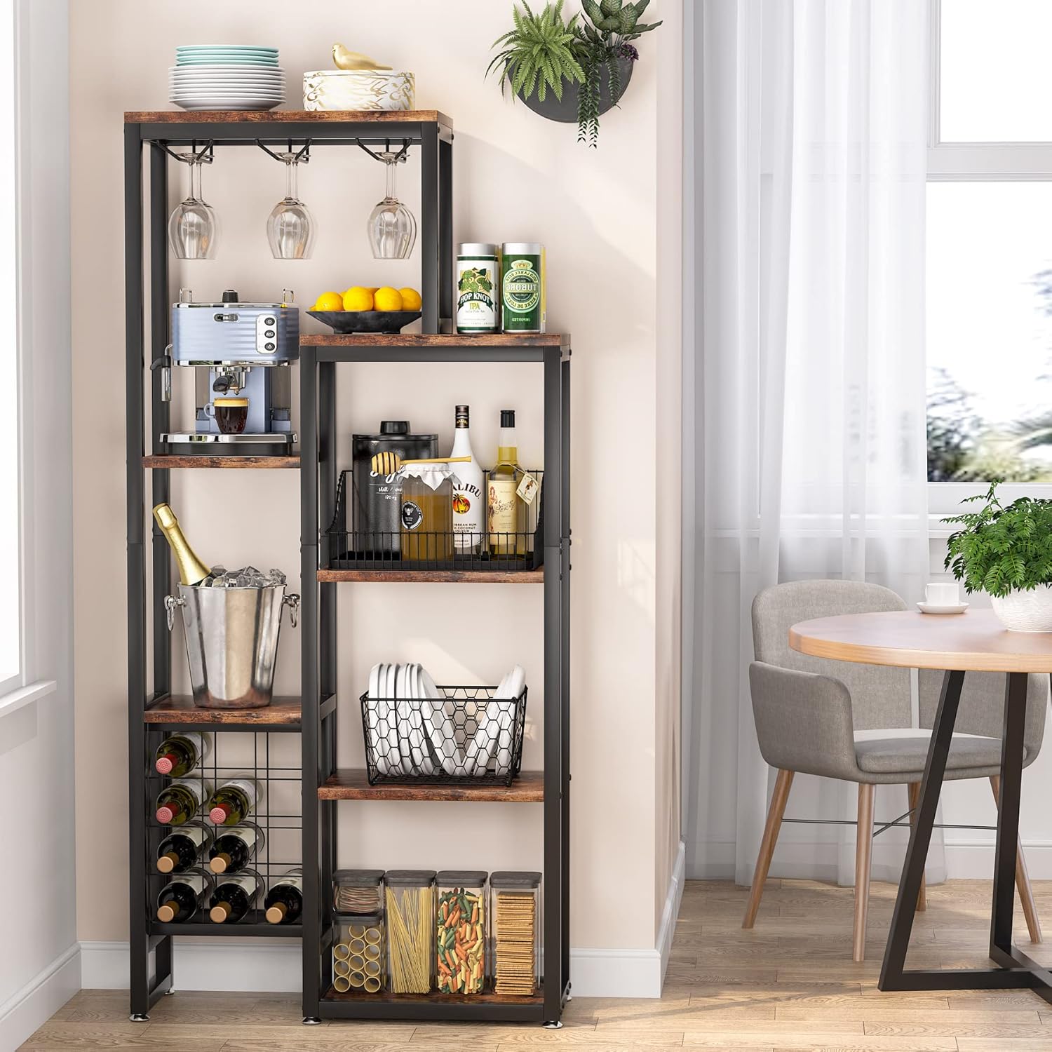80 cm Vrijstaand Wijnrek, 5 Laags Industrieel Design met Glas Houder in Bruin