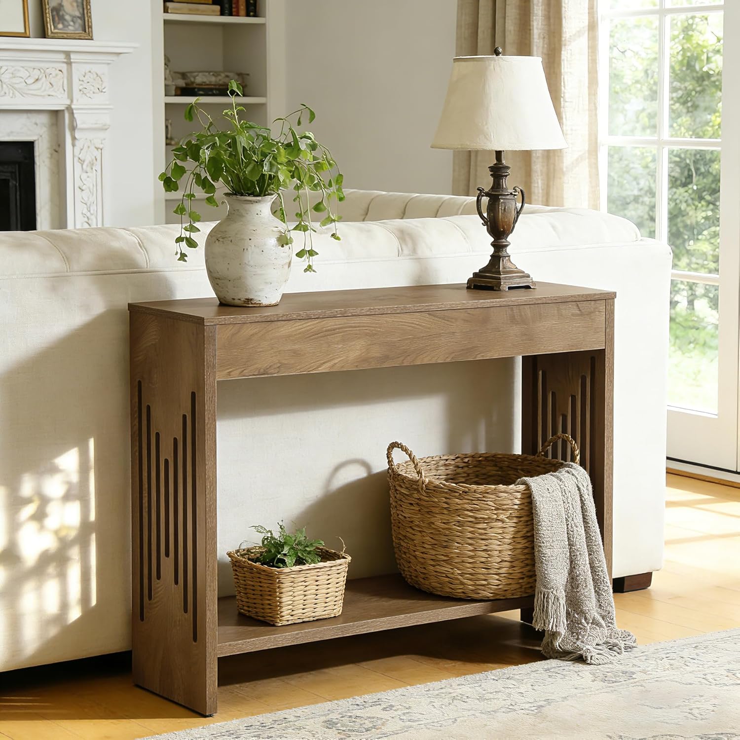 105 cm Smalle Consoletafel met 2 Lagen Opslag, Landelijke Haltafel met Gefreesde Poten