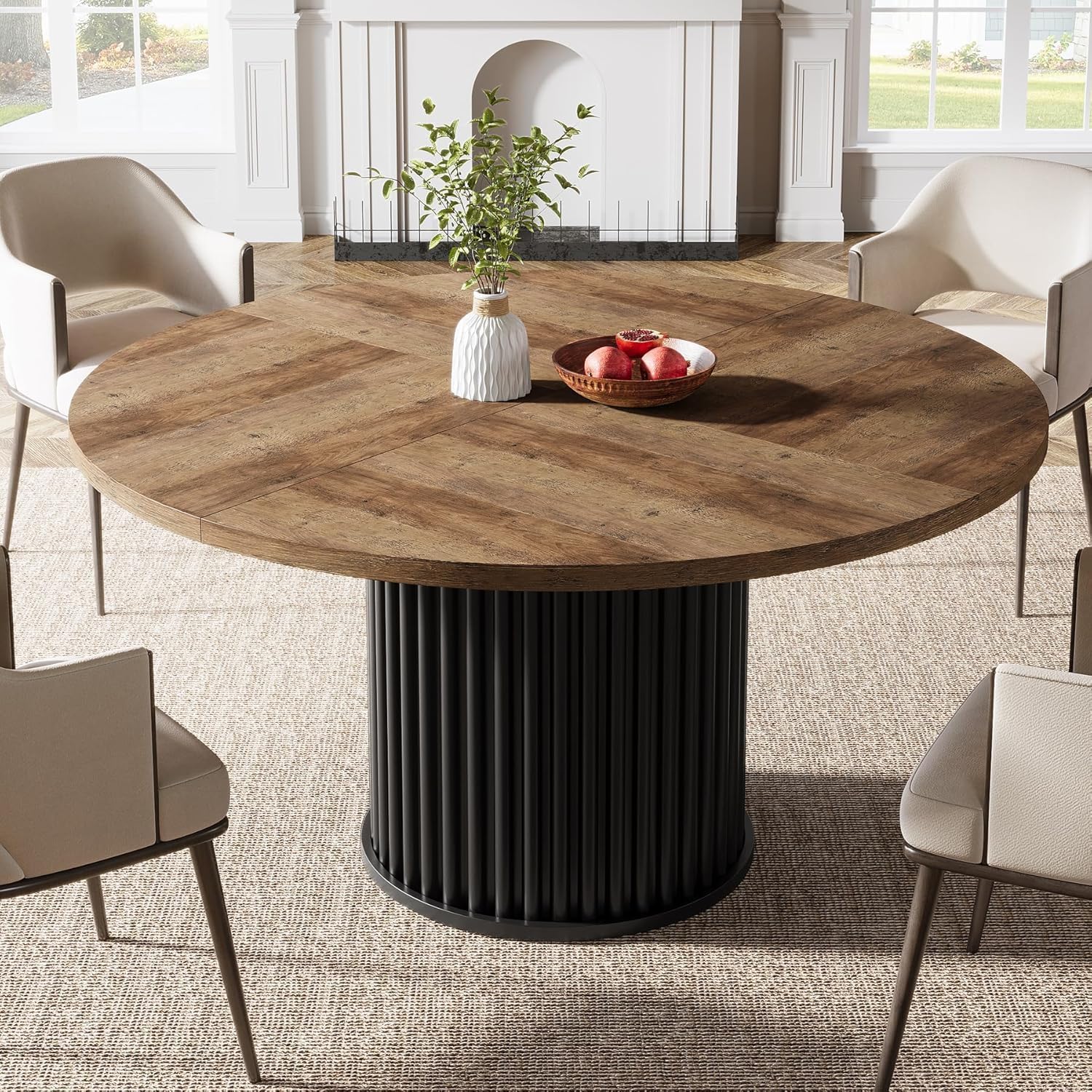 120 cm Zwarte Ronde Eettafel voor 4-6 Personen, Moderne Keukentafel met Metalen Basis