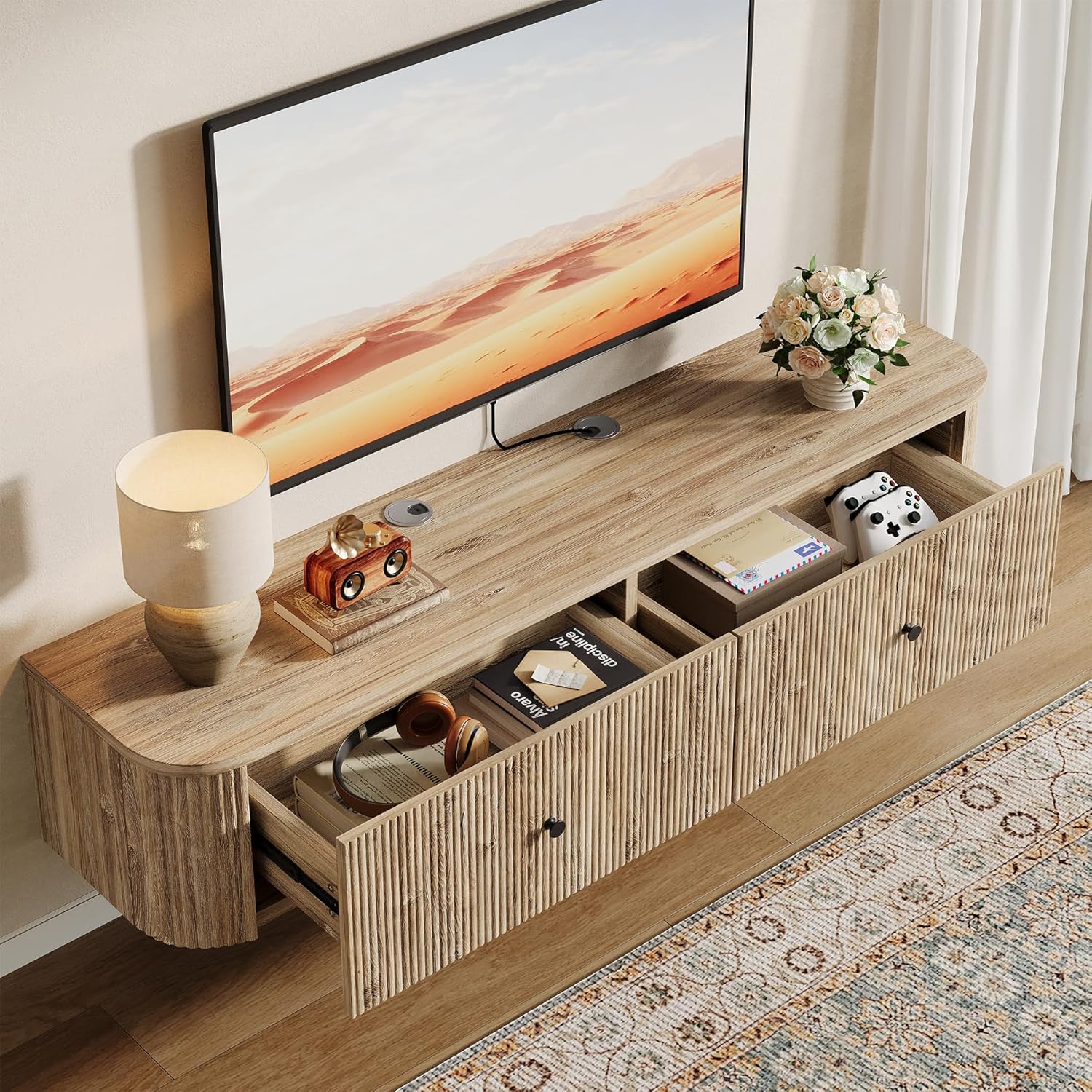 Tribesigns zwevend tv-meubel met 2 geribbelde lades, wandgemonteerde mediakast voor woonkamer en slaapkamer