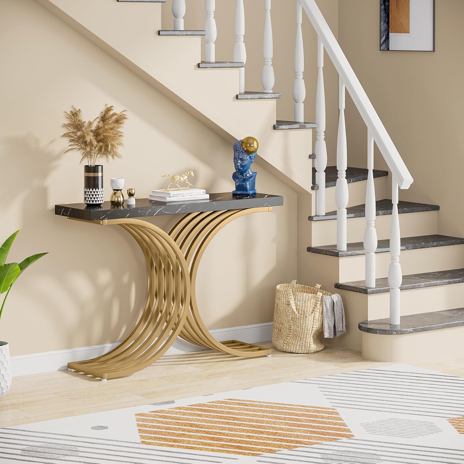 100 cm Smalle Console Tafel, Zijdelingse Tafel met Gouden Metaal Frame