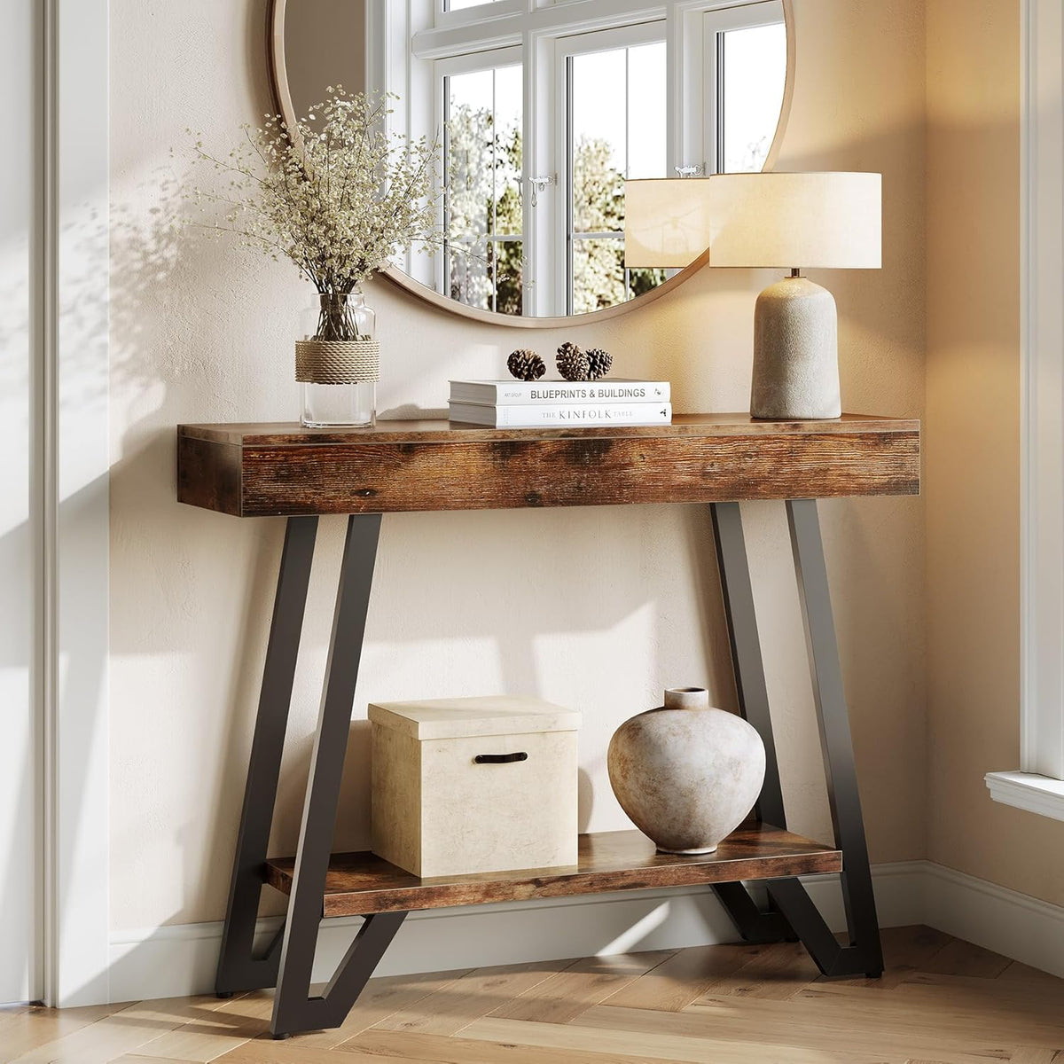 Tribesigns 103 cm Rustieke Industriële Consoletafel met 2 Opbergniveaus, Smalle Sidetable voor Hal en Woonkamer