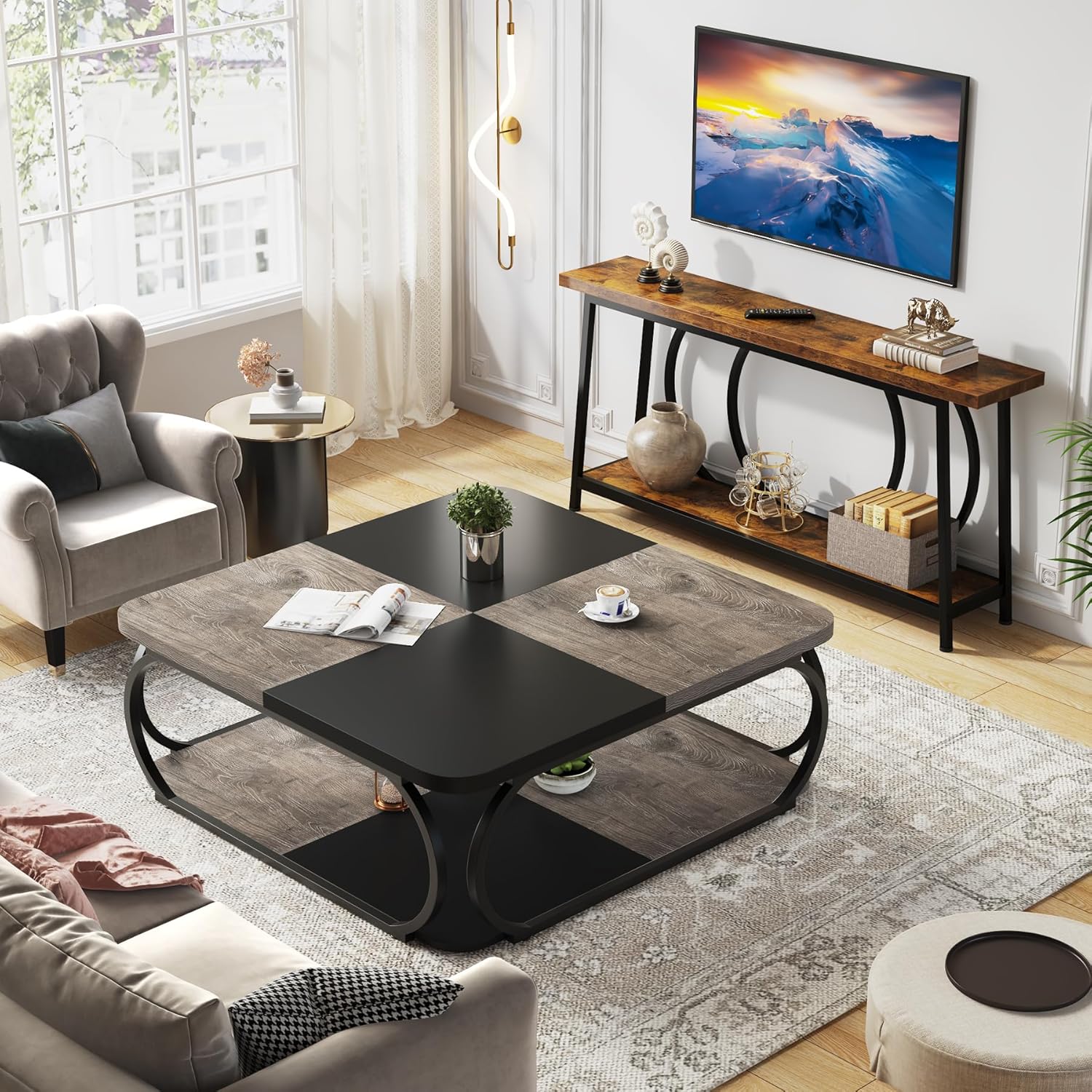 100 cm Vierkante Salontafel met Dubbele Planken, Landelijke Tafel met Metal Frame