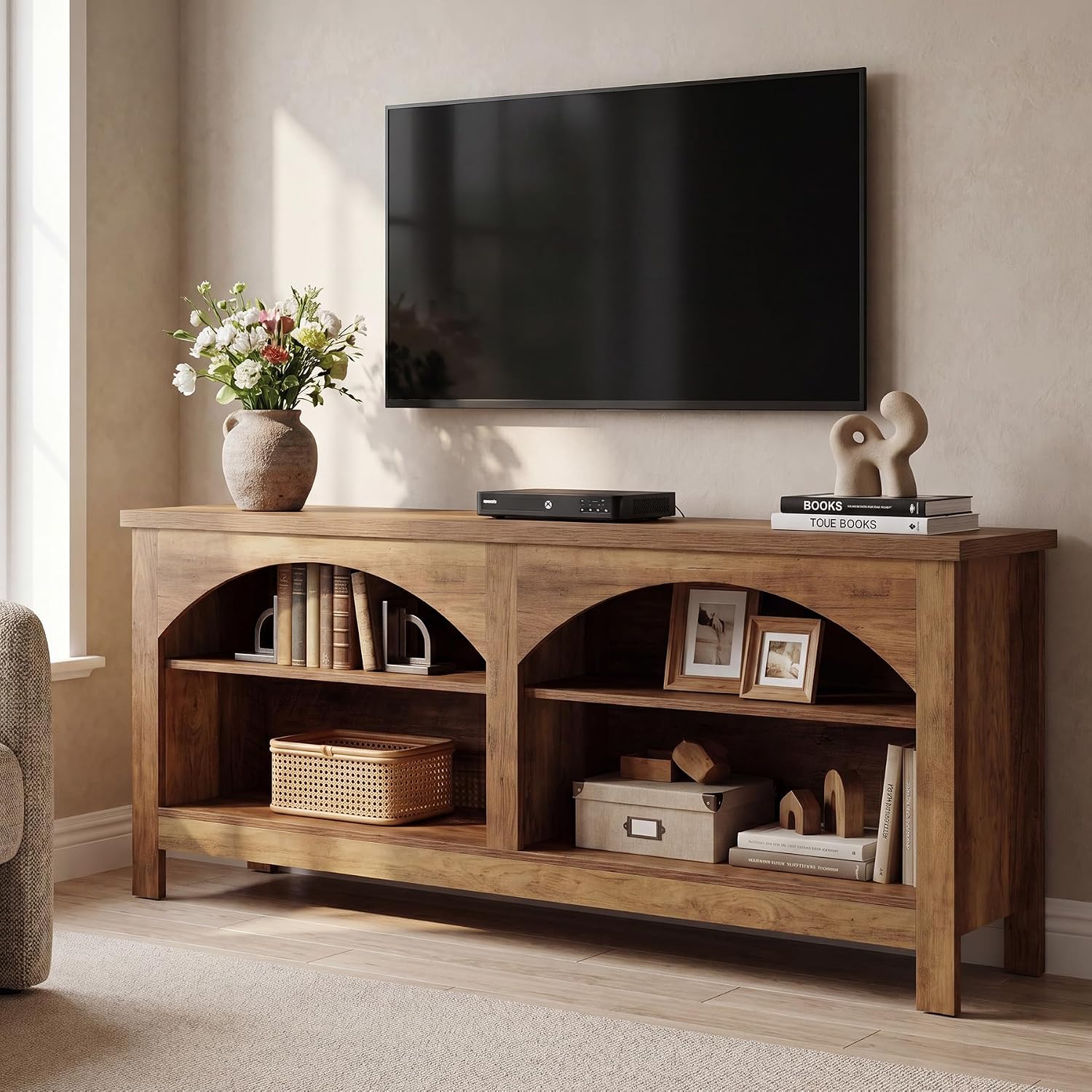 160 cm TV-meubel, landelijk entertainmentsysteem met 2-laags plank