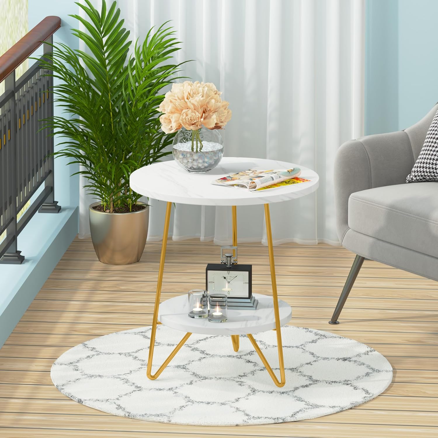 48 cm Ronde Bijzettafel met 2 Planken, Moderne Kunstmarmer Salontafel in Wit en Goud