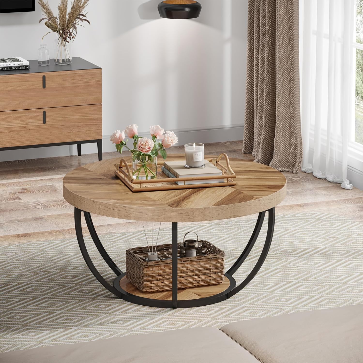 80,5 cm Ronde Industriële Salontafel, Tweelaags Middentafel in Rustiek Bruin en Zwart