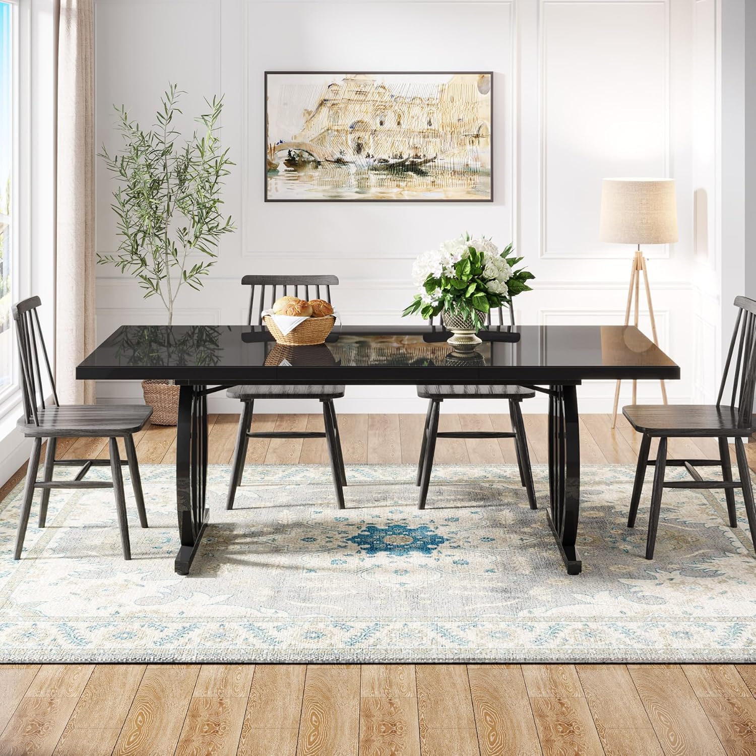 Zwarte Eettafel 160 cm met Metalen Frame, Industrieel Ontwerp voor 4-6 Personen