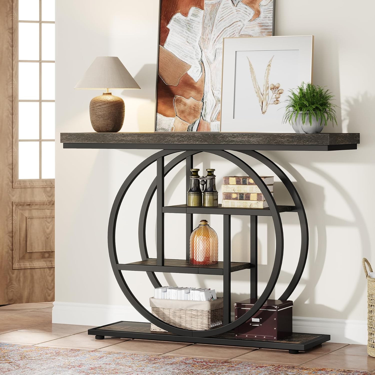 105 cm Industriële Console, 4 Planken met Ronde Basis voor Hal en Woonkamer