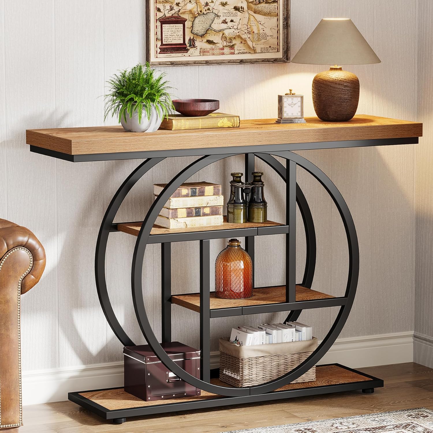 105 cm Industriële Console, 4 Planken met Ronde Basis voor Hal en Woonkamer