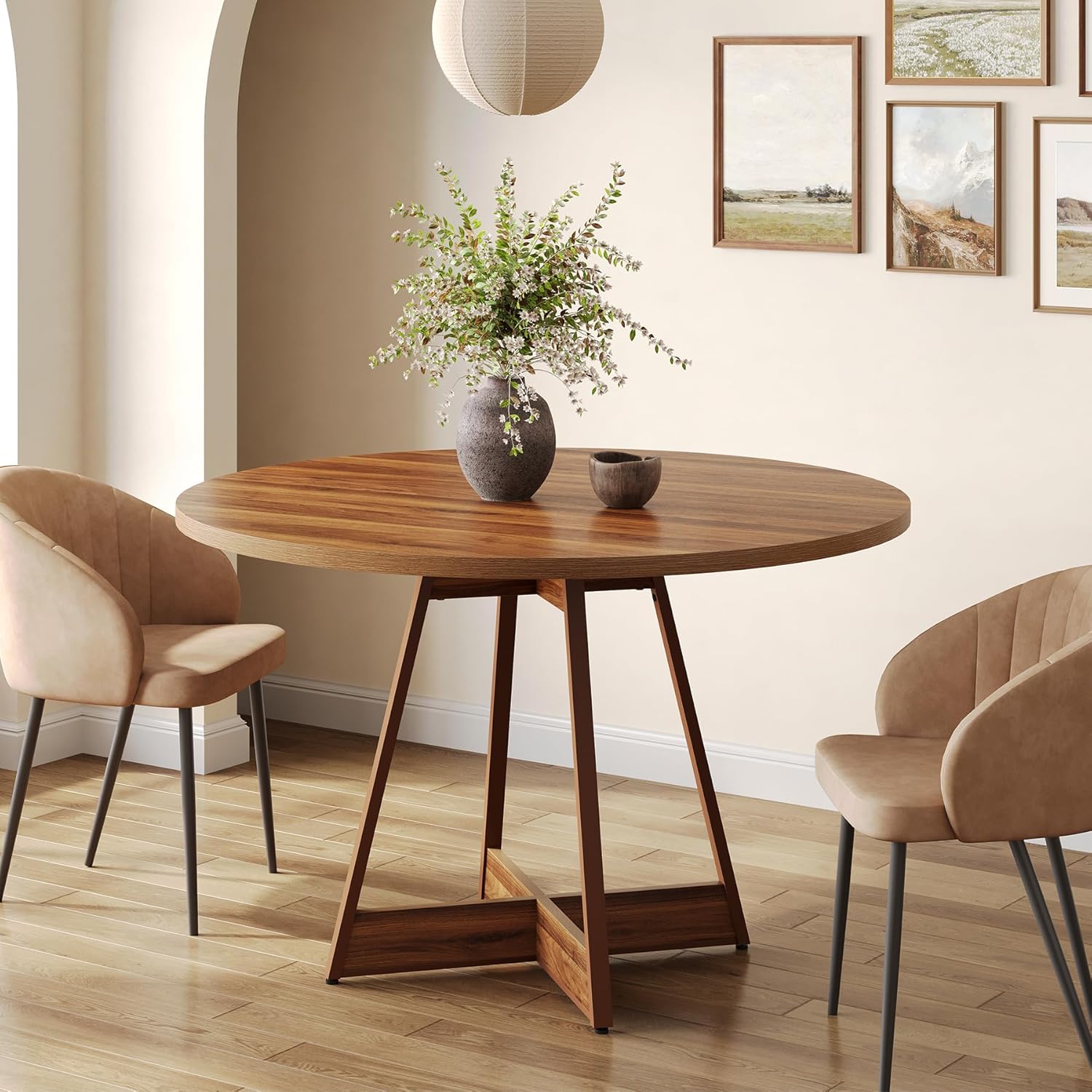 100 cm Ronde Eettafel voor 2-4 Personen, Landelijke Keukentafel met Pedestal