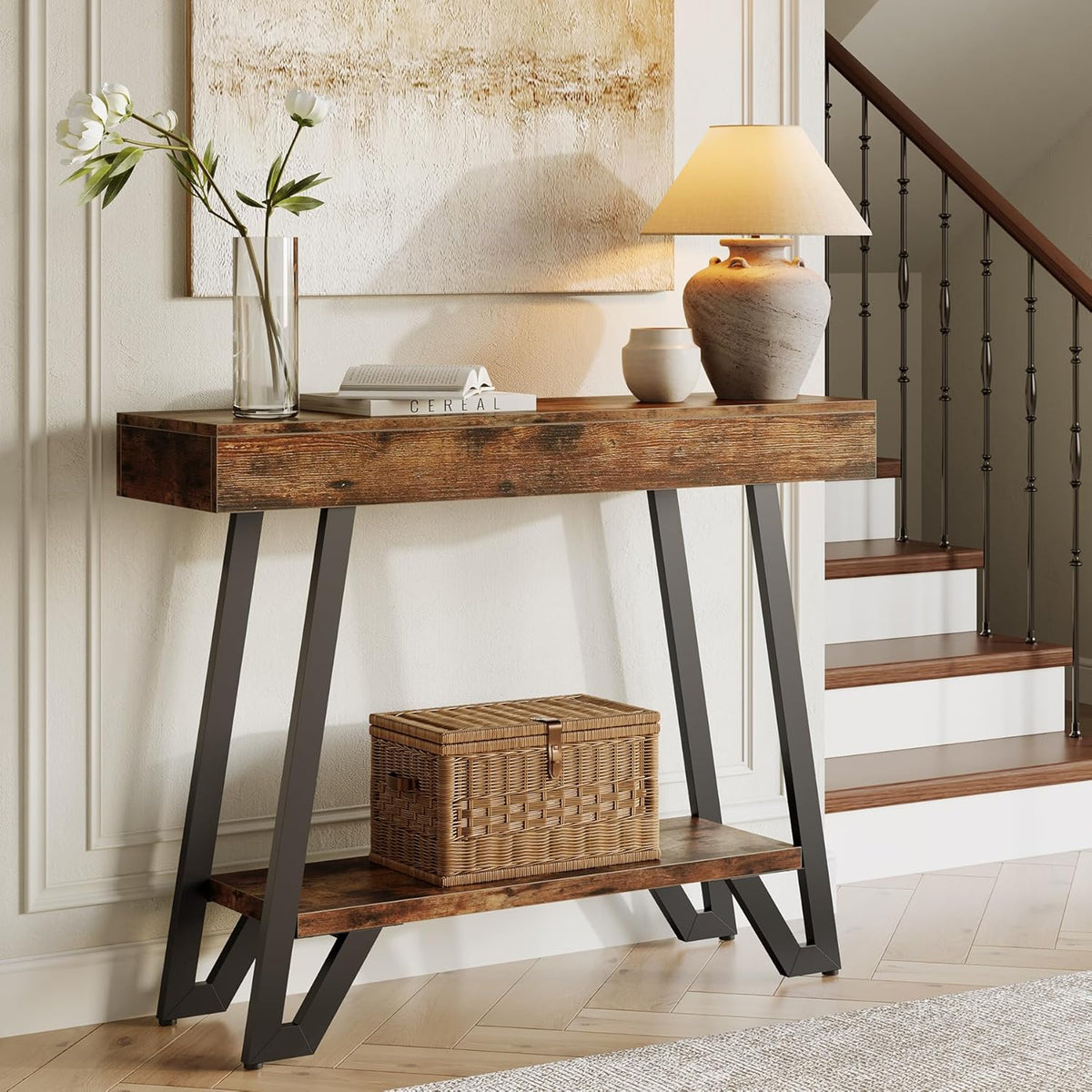 Tribesigns 103 cm Rustieke Industriële Consoletafel met 2 Opbergniveaus, Smalle Sidetable voor Hal en Woonkamer