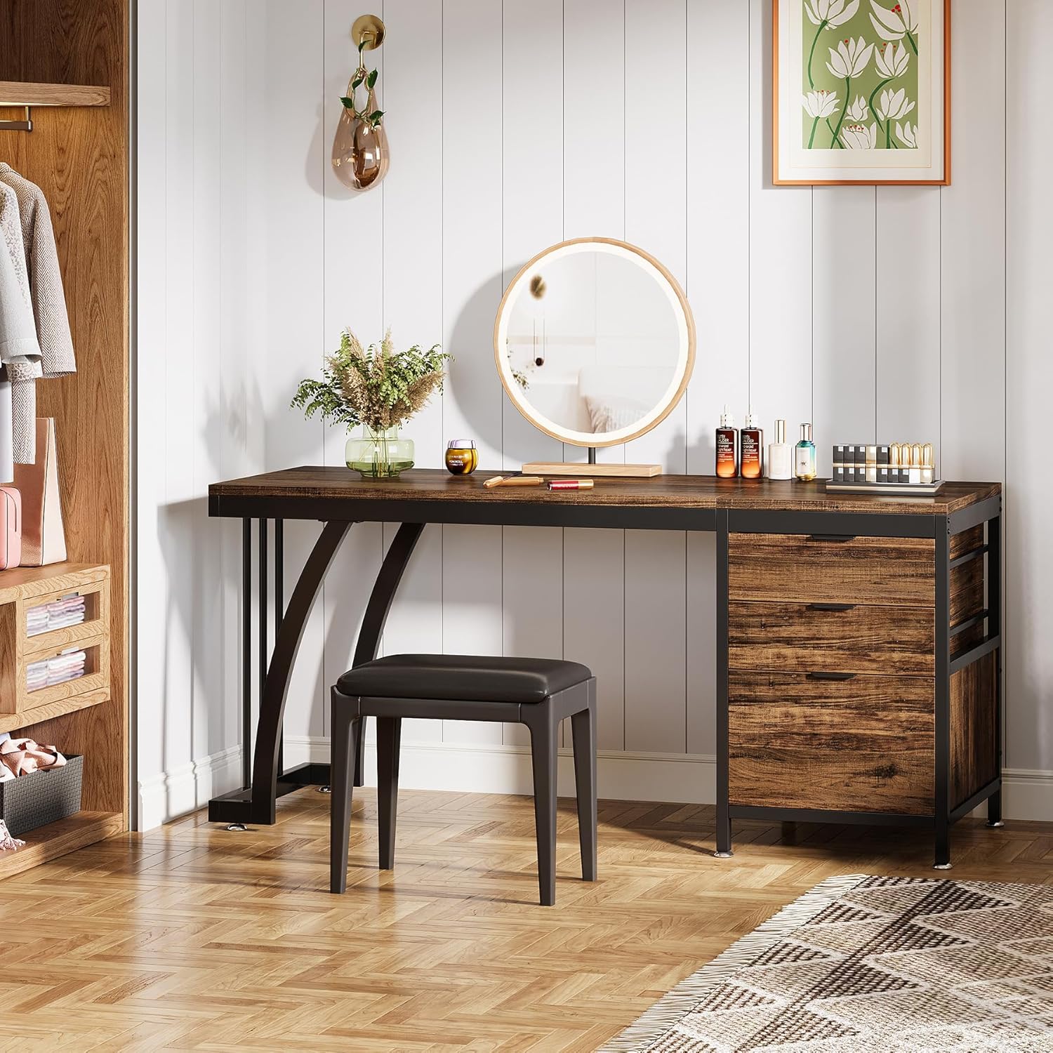 150 cm Met 3 Laden, Make-up Bureau Met Ombouwbare Opbergruimte