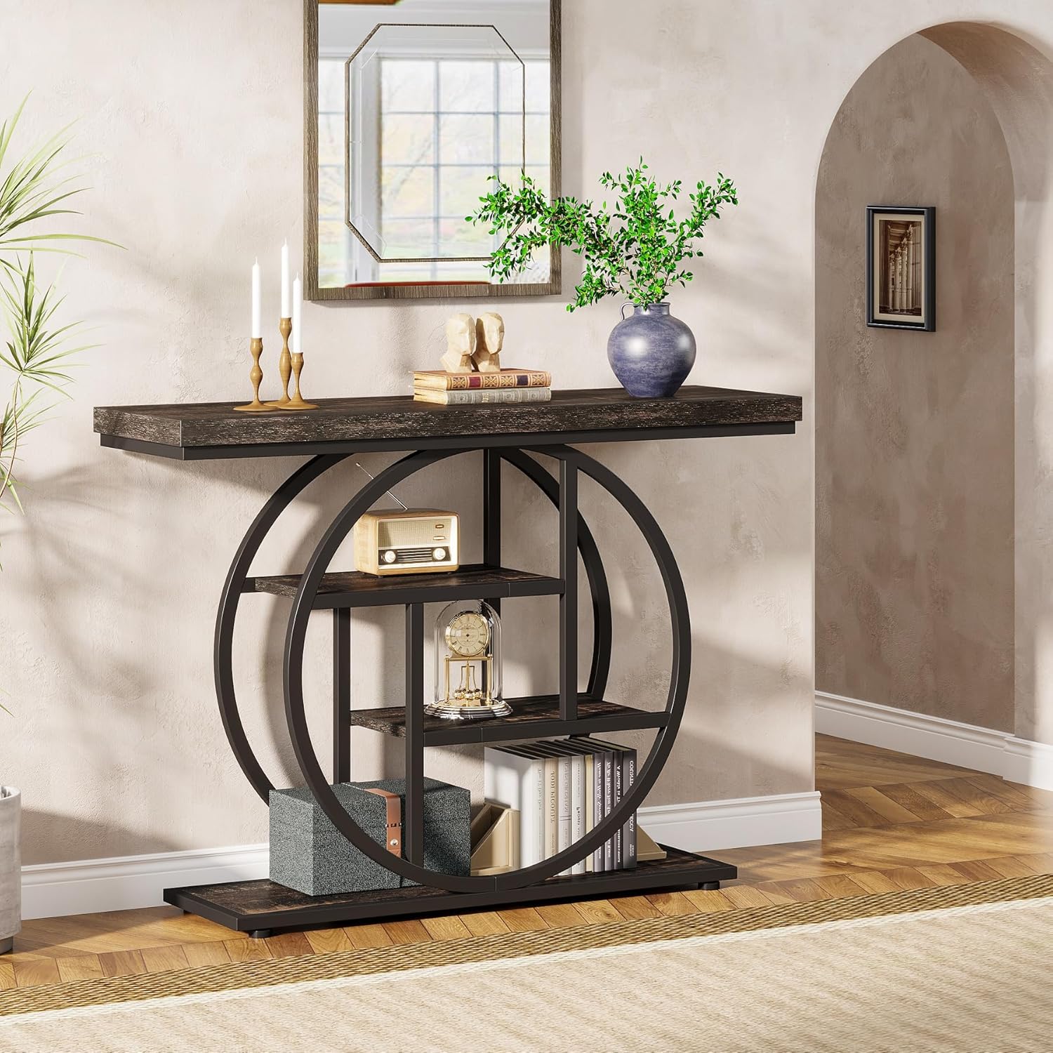 105 cm Industriële Console, 4 Planken met Ronde Basis voor Hal en Woonkamer