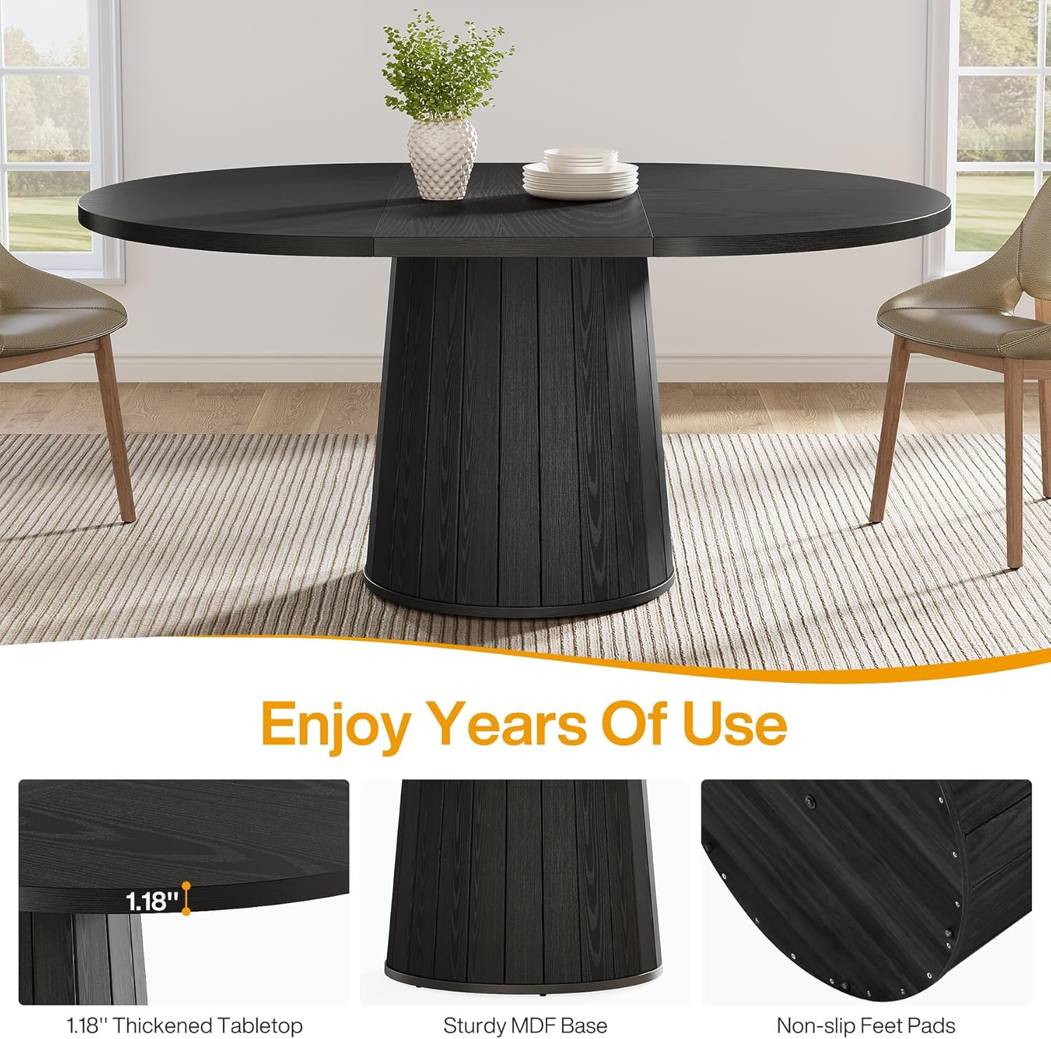 140 cm Ovale Eettafel voor 6 Personen, Landelijke Keukentafel met Cilindervormige Pijler