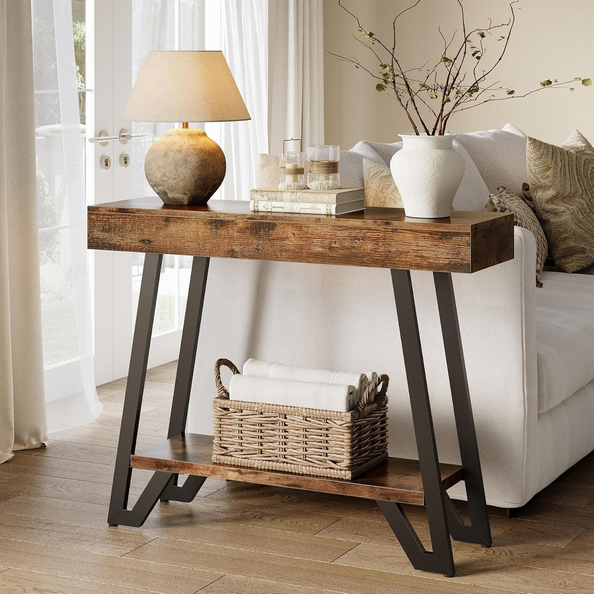 Tribesigns 103 cm Rustieke Industriële Consoletafel met 2 Opbergniveaus, Smalle Sidetable voor Hal en Woonkamer