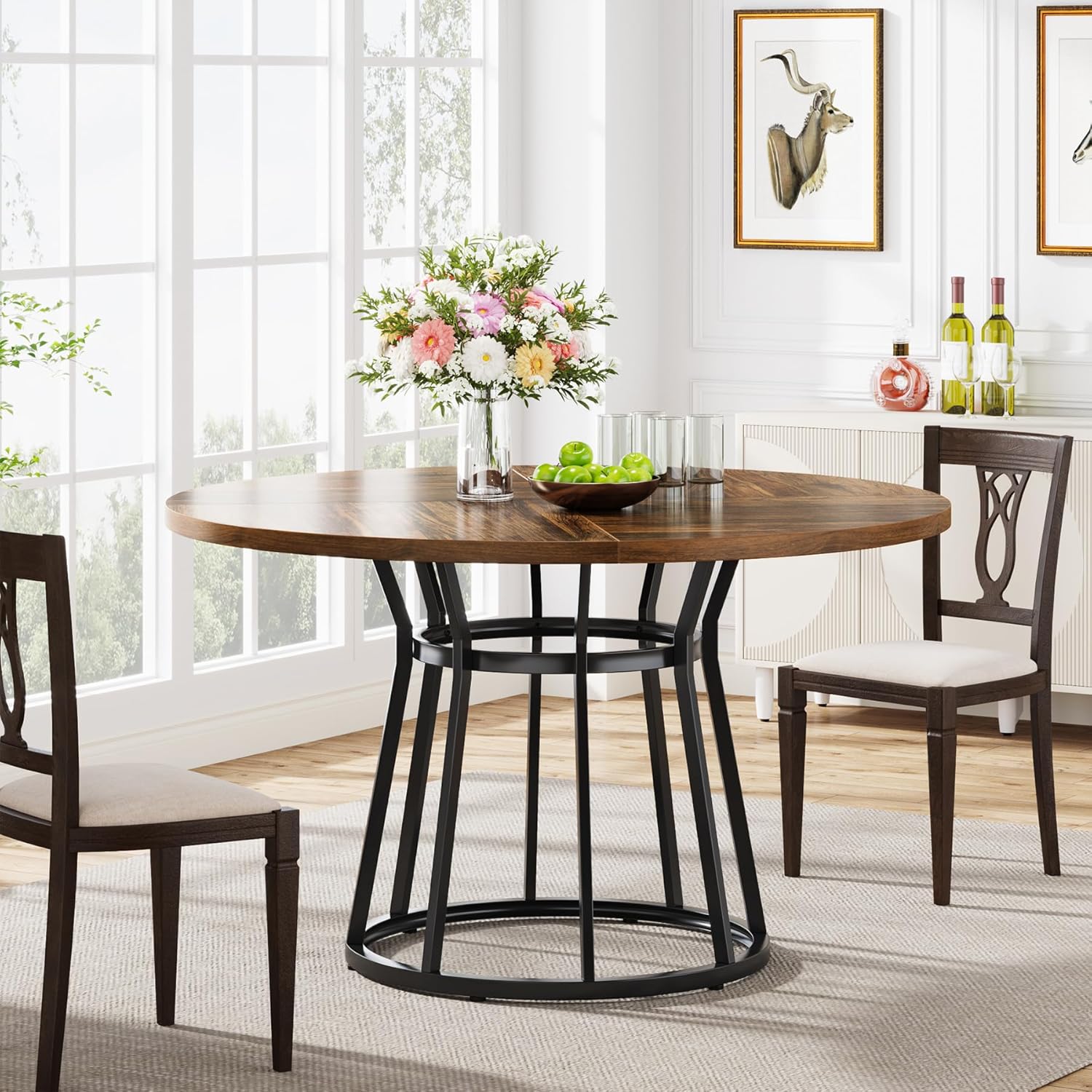 120 cm Ronde Eettafel, Vierpersoons Tafel met Metalen Onderstel voor Keuken en Woonkamer