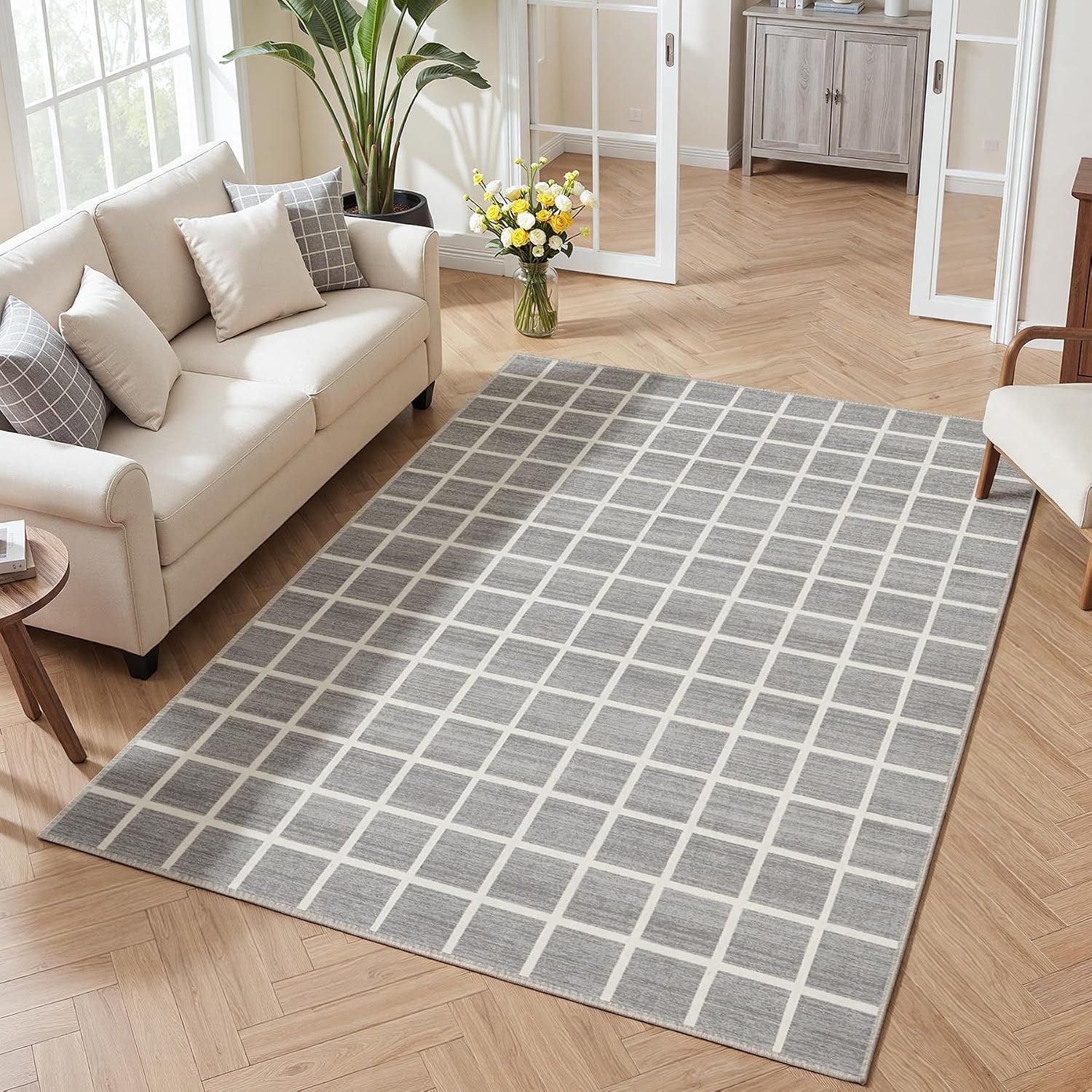Tribesigns Laagpolig Vloerkleed, Wasbaar Woonkamertapijt met Modern Ruitpatroon, Antislip en OEKO-TEX-Gecertificeerd