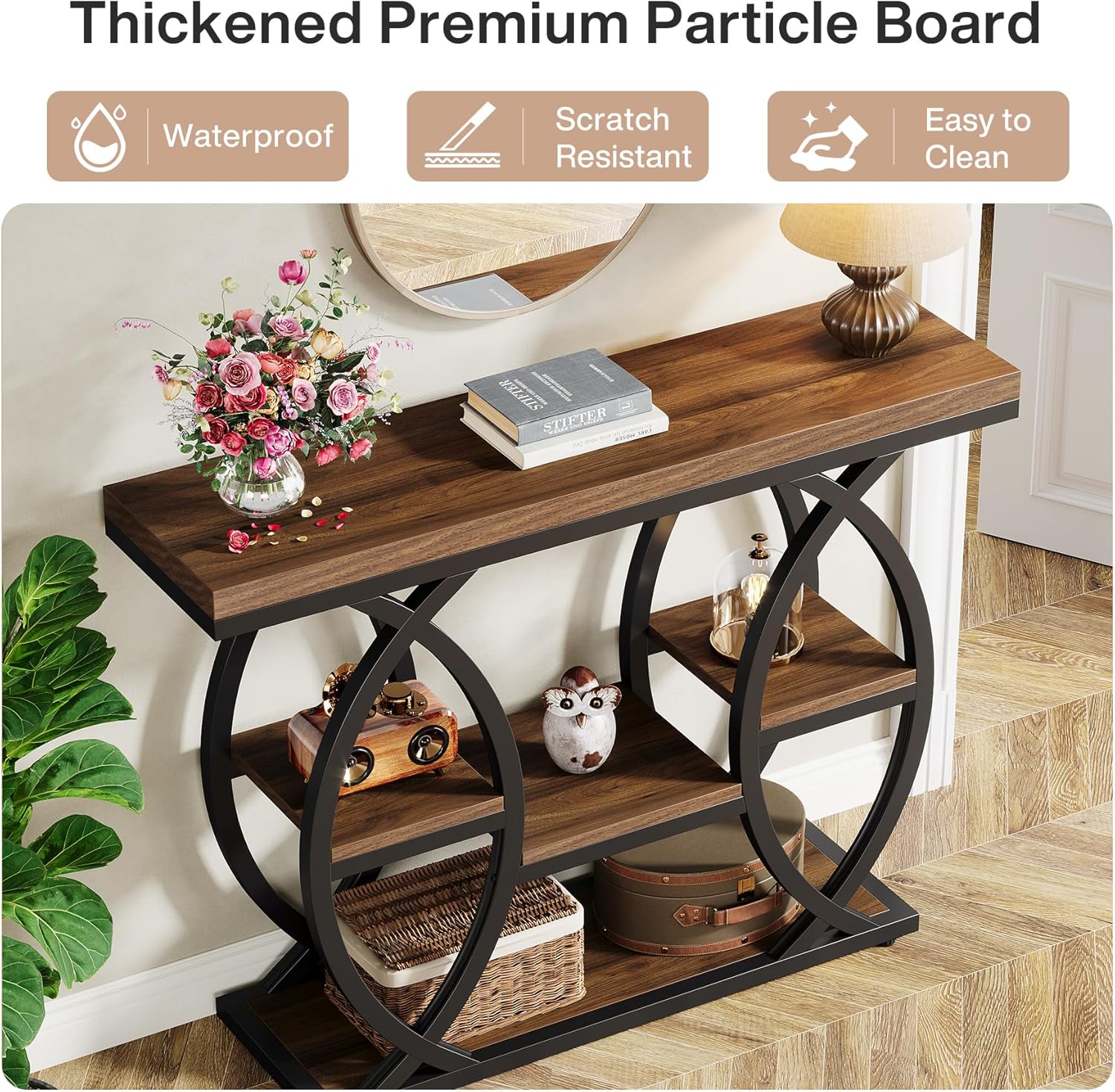 Industrieel Consoletafel 100 cm met 4 Opbergplanken, Smalle Houten Bijzettafel voor hal en Kleine Ruimtes