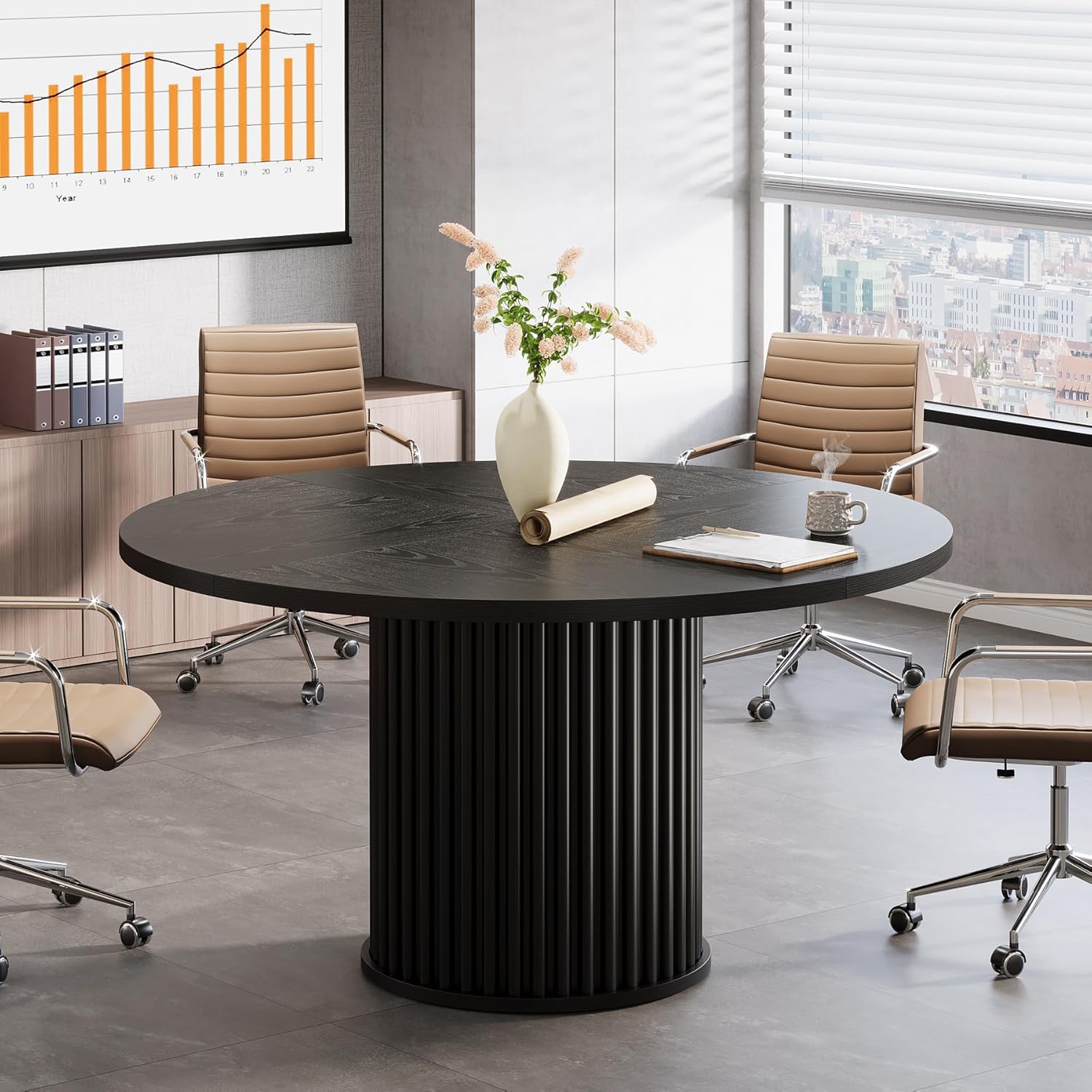 120 cm Zwart Ronde Conferentietafel, Stabiel Bureau voor 4-6 Personen
