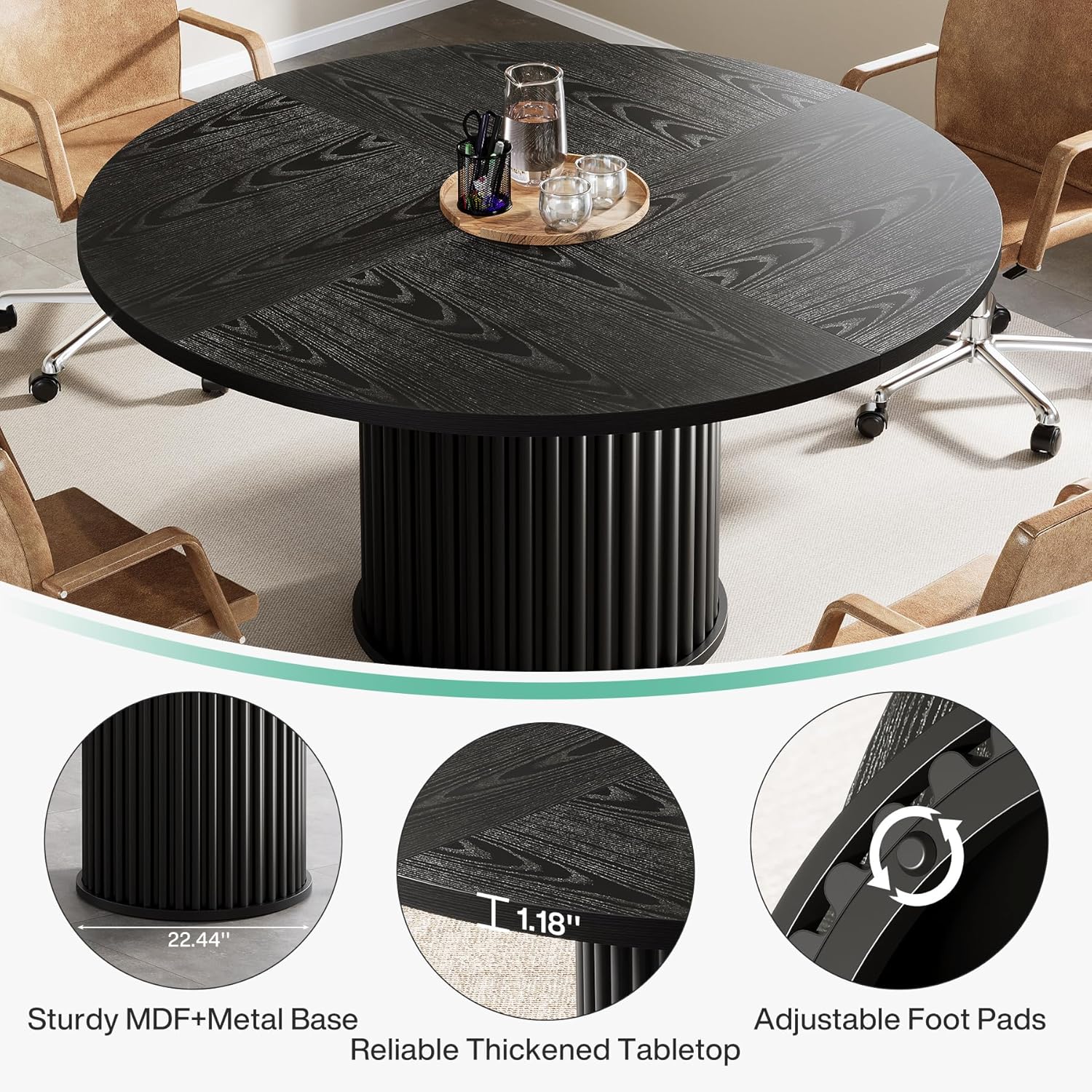 120 cm Zwart Ronde Conferentietafel, Stabiel Bureau voor 4-6 Personen