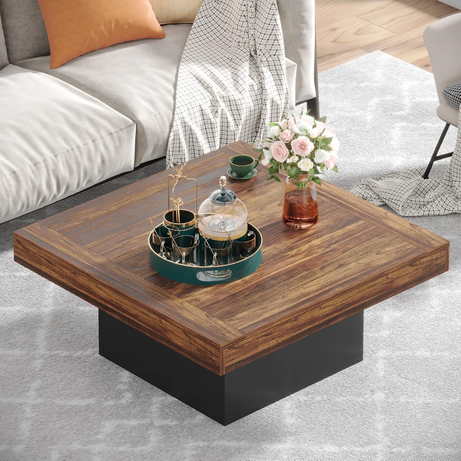 90 x 90 x 45 cm Tribesigns vierkante salontafel met LED-verlichting, moderne houten middentafel voor woonkamer