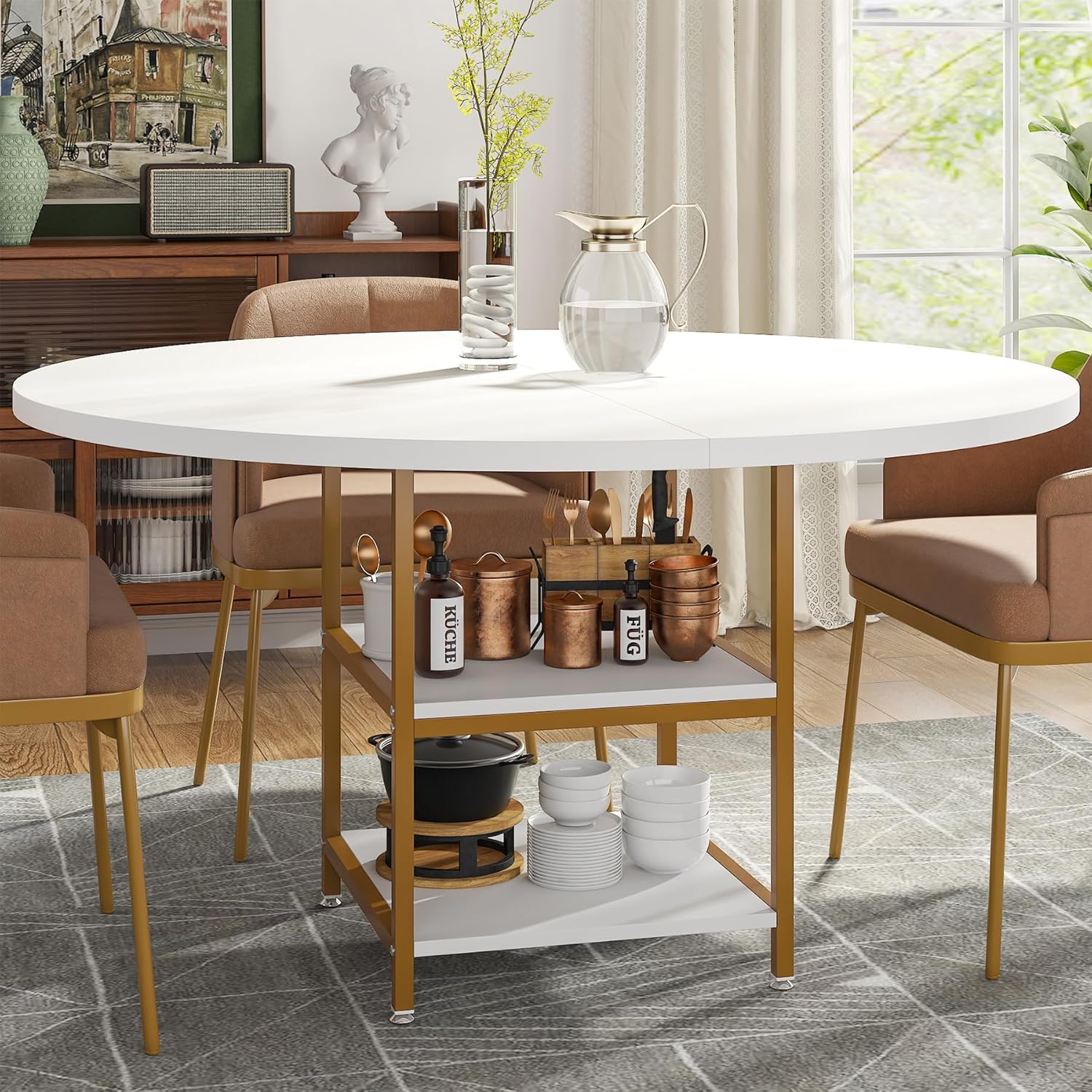 Ronde Eettafel voor Vier Personen, Met Handige Opbergplank in Rustiek Bruin en Zwart