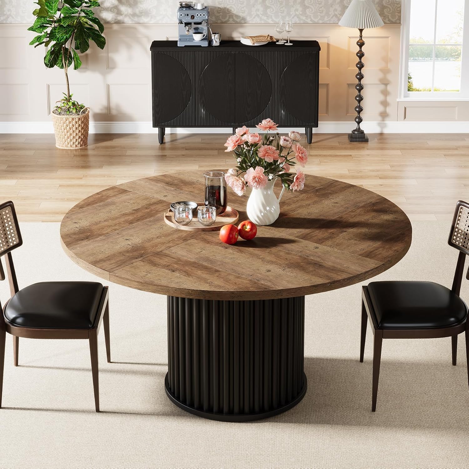 120 cm Zwarte Ronde Eettafel voor 4-6 Personen, Moderne Keukentafel met Metalen Basis