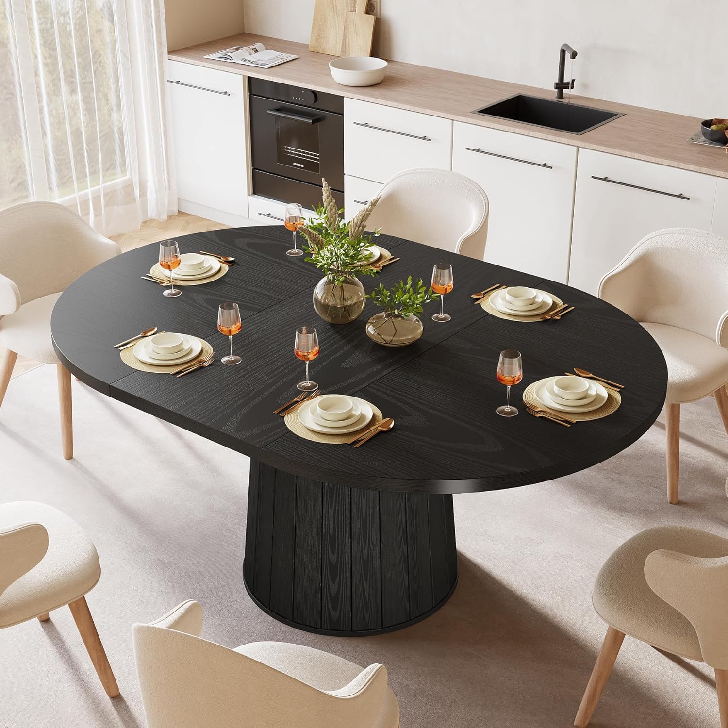140 cm Ovale Eettafel voor 6 Personen, Landelijke Keukentafel met Cilindervormige Pijler