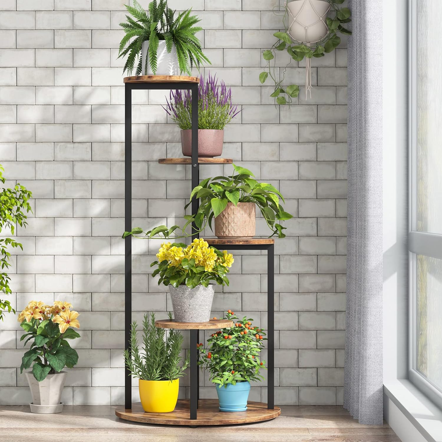 Vierlagen Plantenstandaard voor Binnen, Stevige Houten Planken met Metal Frame