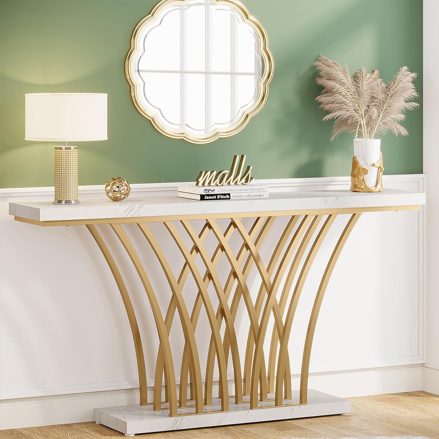 150 cm Gouden Consoletafel, Moderne Entreetafel met Raster Basis voor Hal en Woonkamer