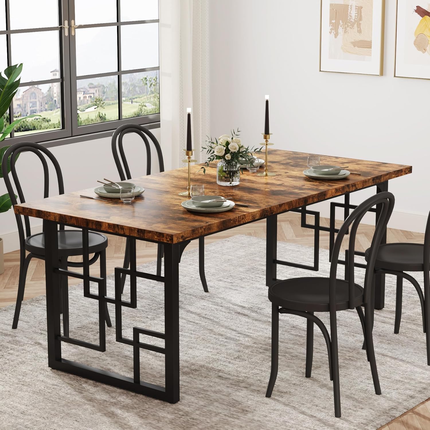 Industriële Eettafel voor Zes Personen, 160 cm Rechthoekige Tafel in Bruin en Zwart
