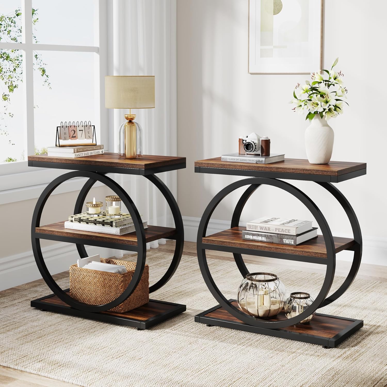 Industriële Bijzettafel met Drie Planken, Smalle Houten Zijtafel met Zwarte Metalen Frame