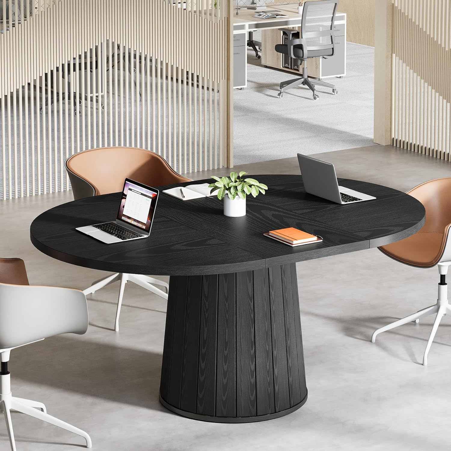 140 cm Ovale Vergadertafel voor 6 Personen, Houten Meetingtafel met Houten Onderstel voor Kantoor