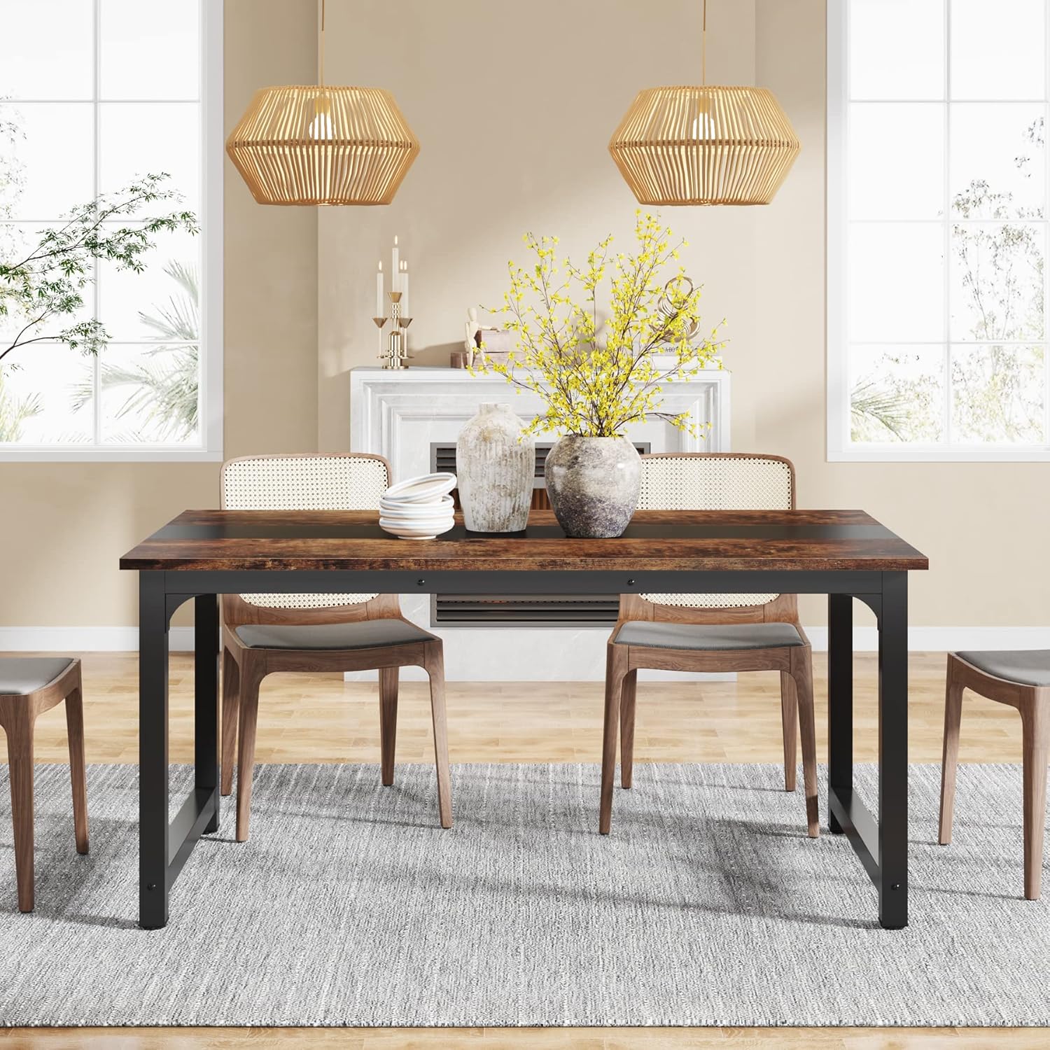 160x80 cm Industriële Eettafel, Landelijke Bruine Tafel voor 4-6 Personen met Metaal Frame