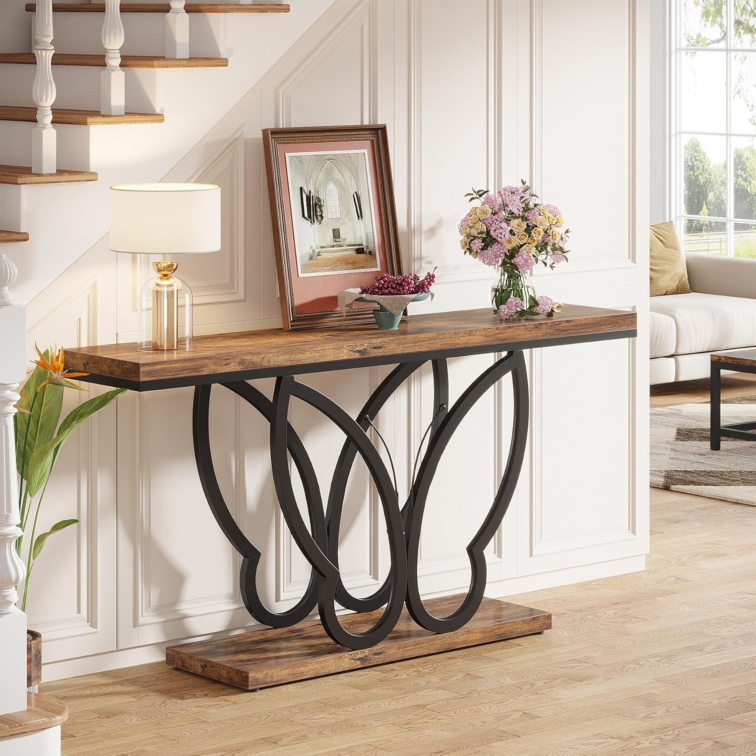Tribesigns Consoletafel 140 cm Smal, Landelijke Haltafel met Metalen Frame