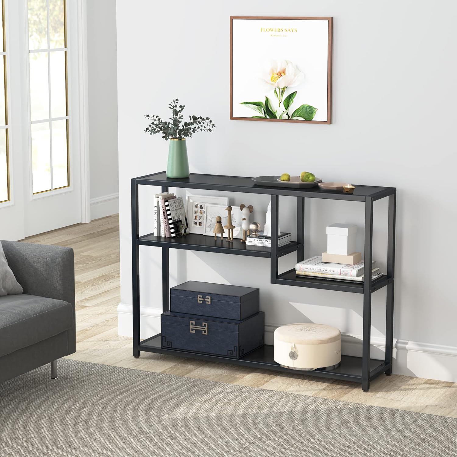 108 cm Consoletafel met Opbergvakken, Zwarte Bijzettafel Voor Entreehal en Woonkamer