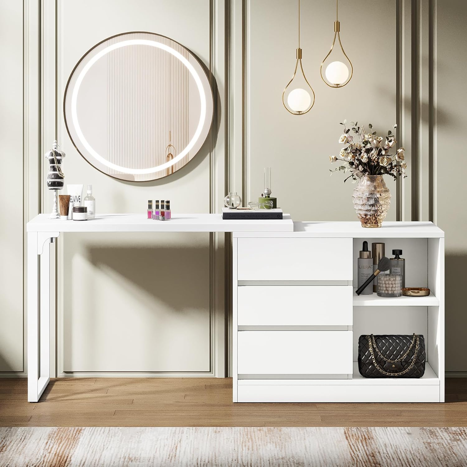 100 cm Kaptafel met 3 Laden en 2 Planken, Hoek Schminktafel met Opbergkast Zonder Spiegel