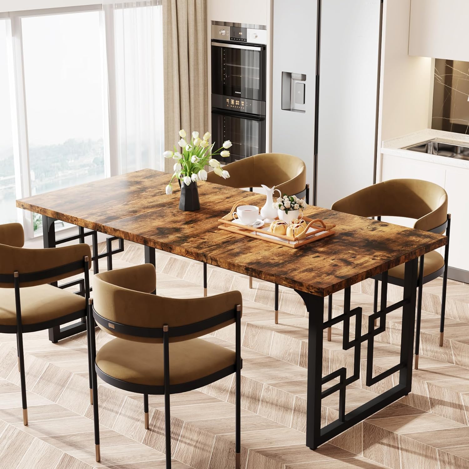 Industriële Eettafel voor Zes Personen, 160 cm Rechthoekige Tafel in Bruin en Zwart