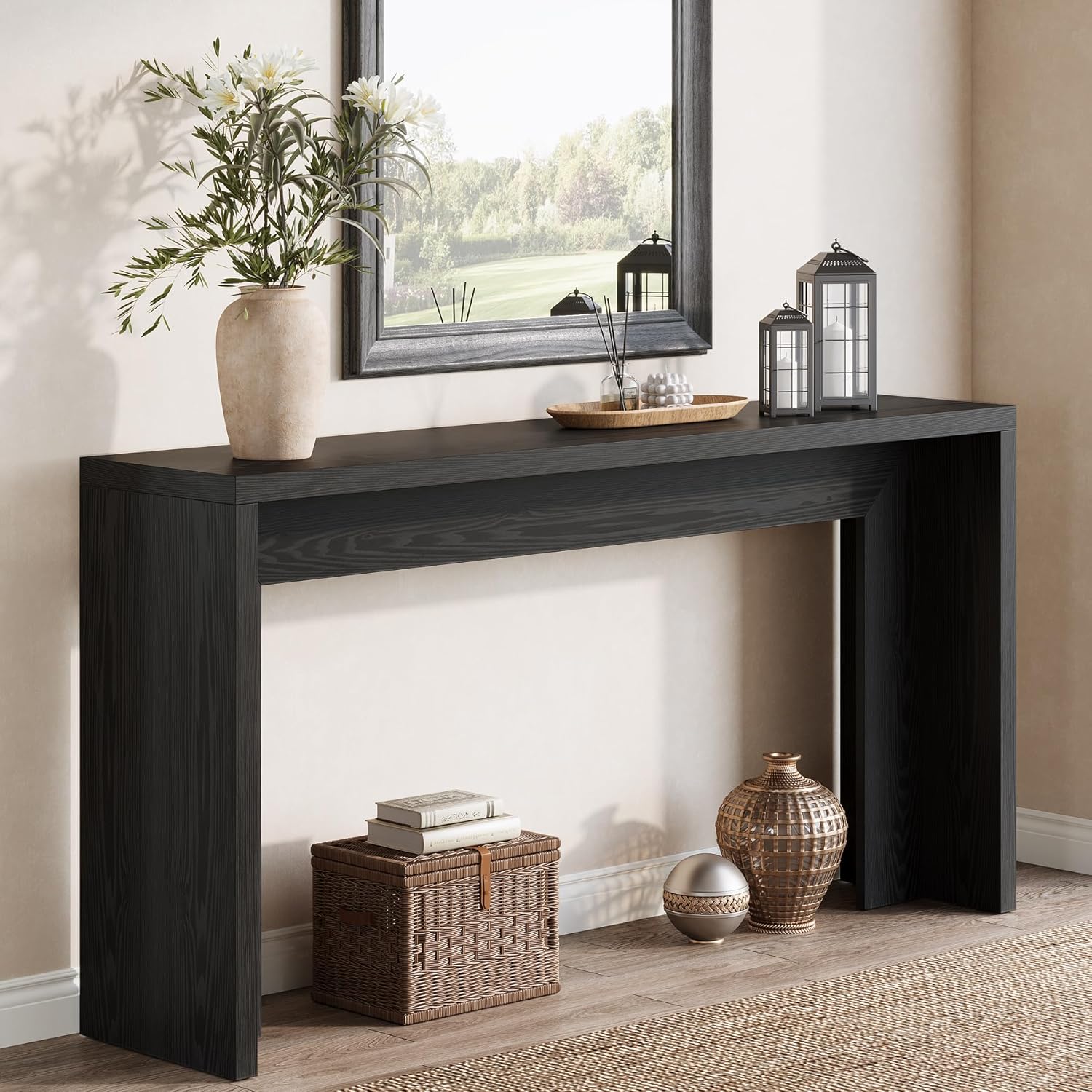 140 cm Farmhouse Console Tafel, Houten Banktafel met Opbergruimte Voor Woonkamer