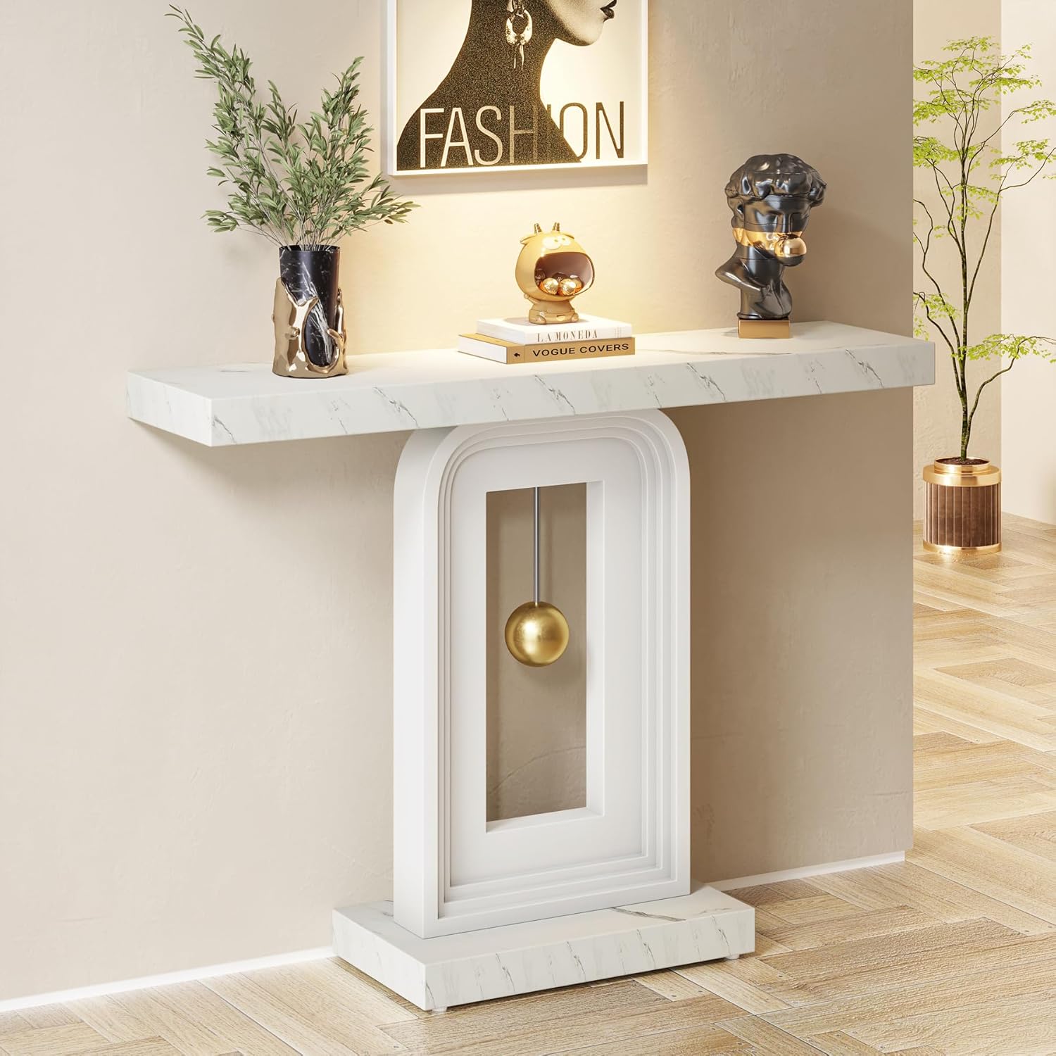 100 cm Moderne Consoletafel, Smalle Banktafel met Slinger Vorm Basis voor Woonkamer