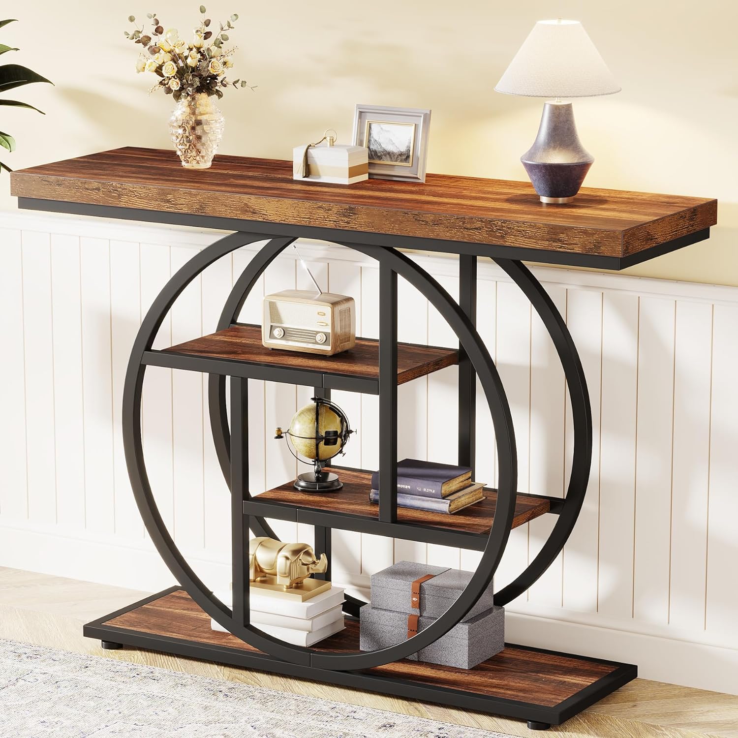 105 cm Industriële Console, 4 Planken met Ronde Basis voor Hal en Woonkamer