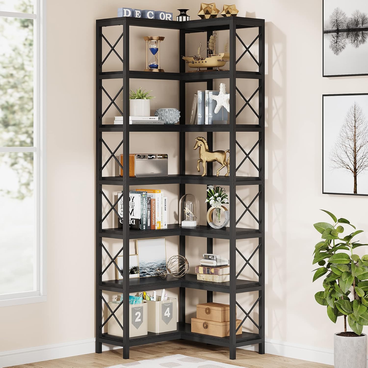 Tribesigns Hoekboekenkast, Moderne 7-Lags Hoekplank met Metalen Frame