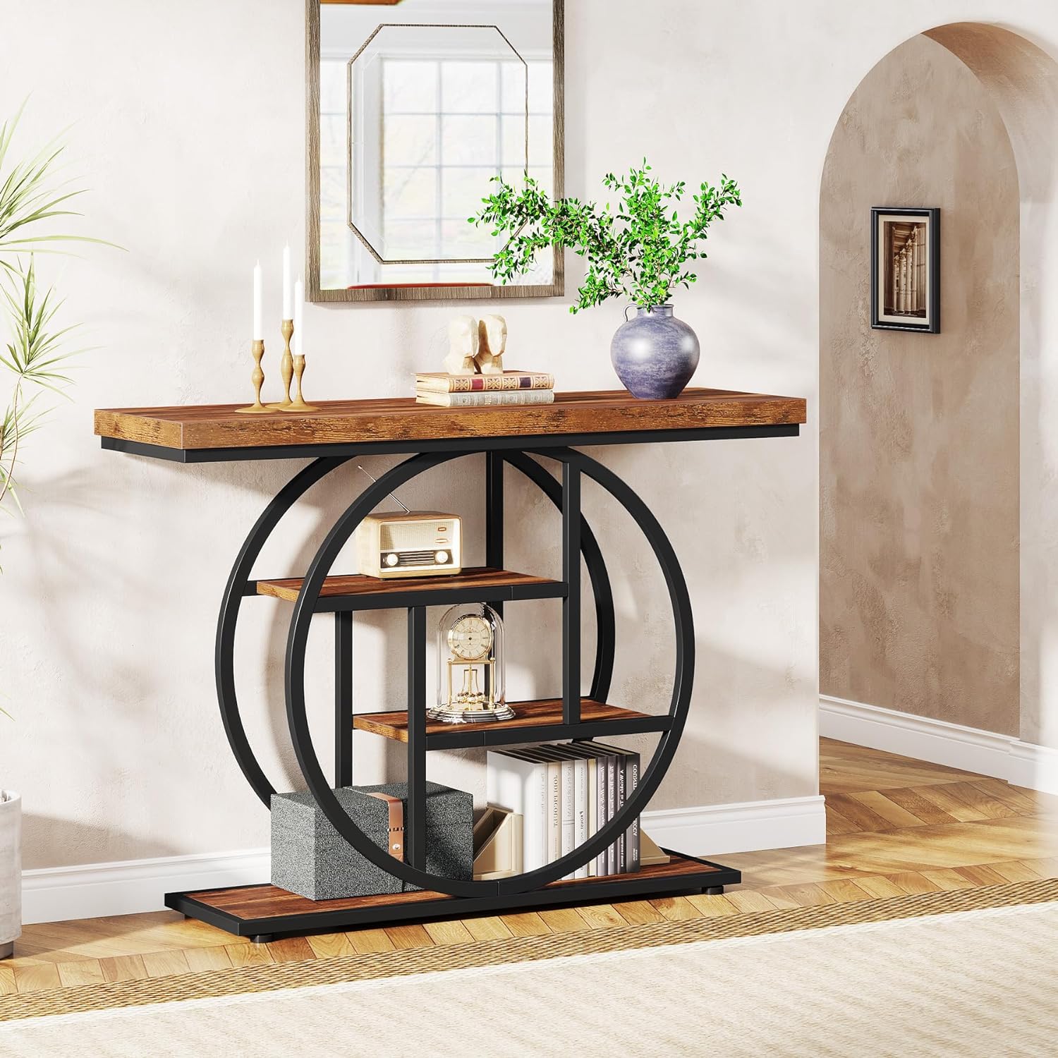105 cm Industriële Console, 4 Planken met Ronde Basis voor Hal en Woonkamer