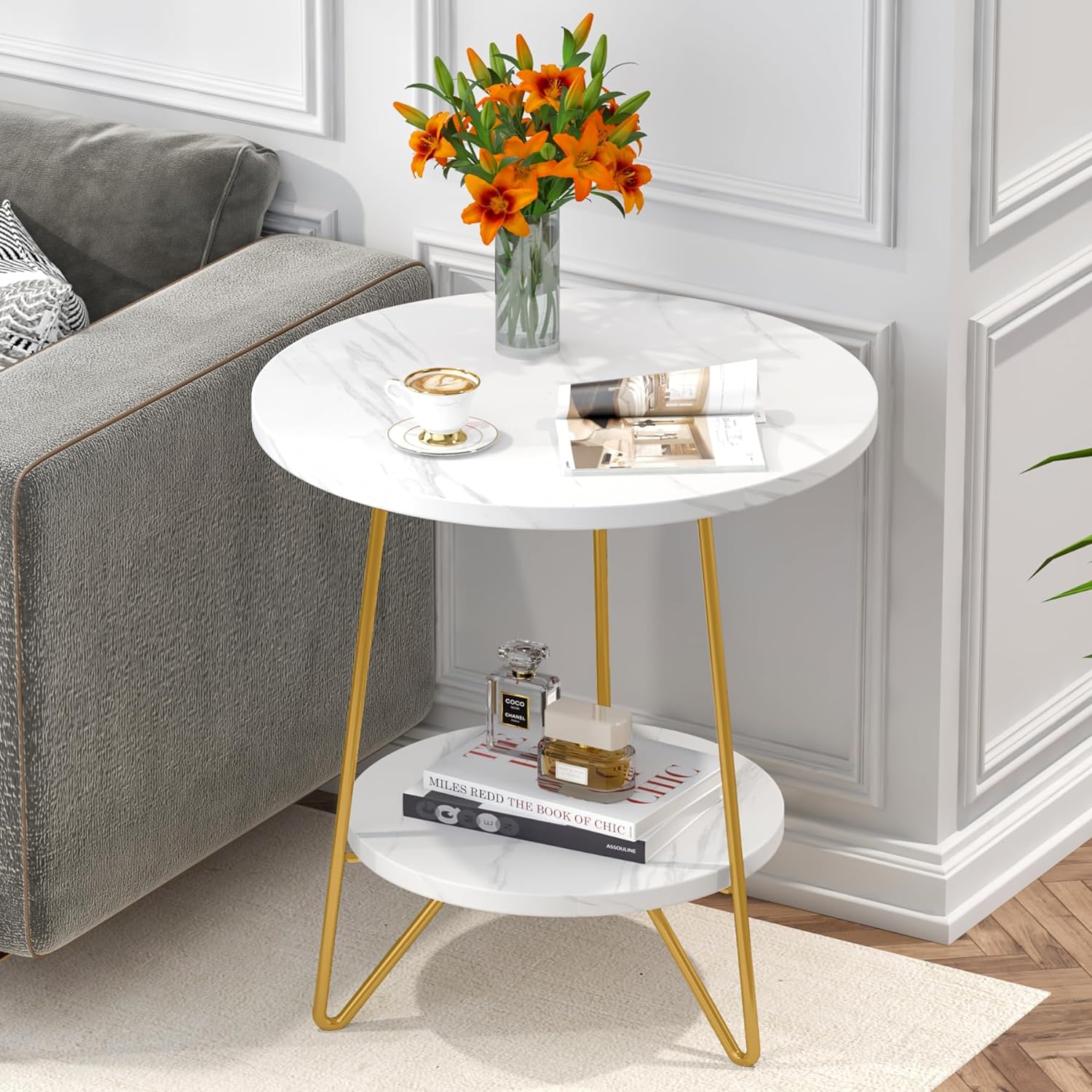 48 cm Ronde Bijzettafel met 2 Planken, Moderne Kunstmarmer Salontafel in Wit en Goud