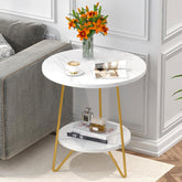48 cm Ronde Bijzettafel met 2 Planken, Moderne Kunstmarmer Salontafel in Wit en Goud 3