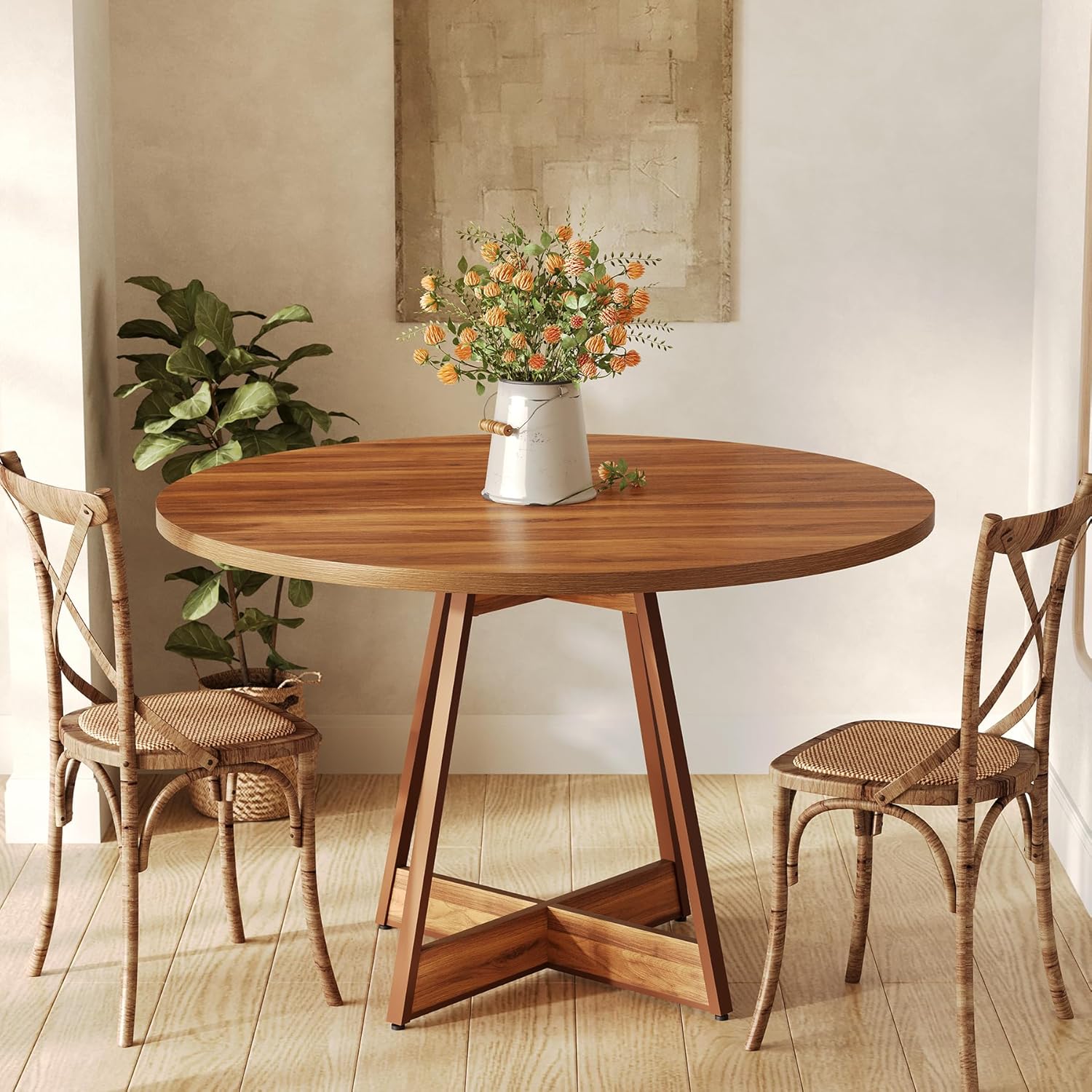 100 cm Ronde Eettafel voor 2-4 Personen, Landelijke Keukentafel met Pedestal